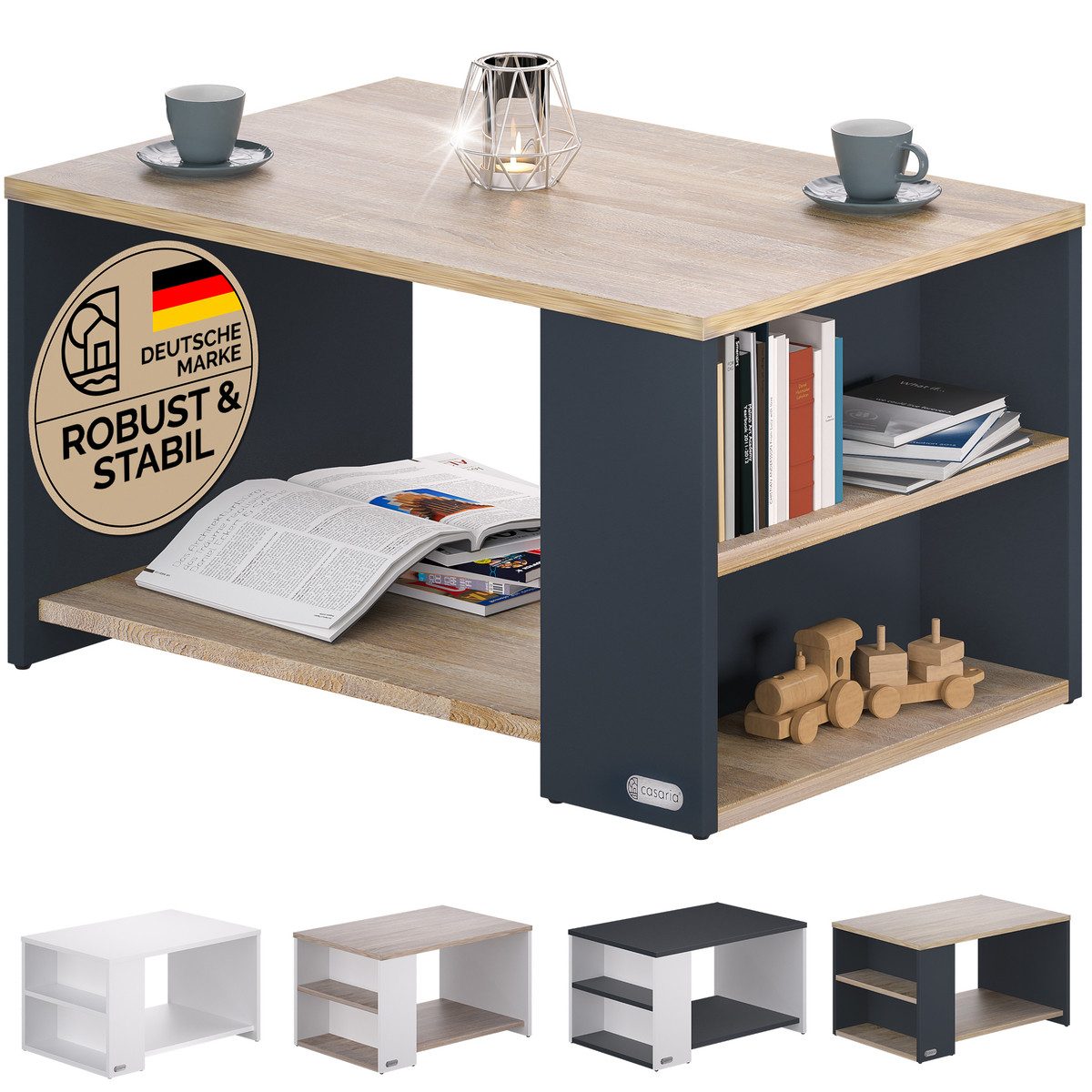 Casaria Couchtisch Santa Cruz, Holz Grau Wohnzimmertisch mit Stauraum 90x60 günstig online kaufen