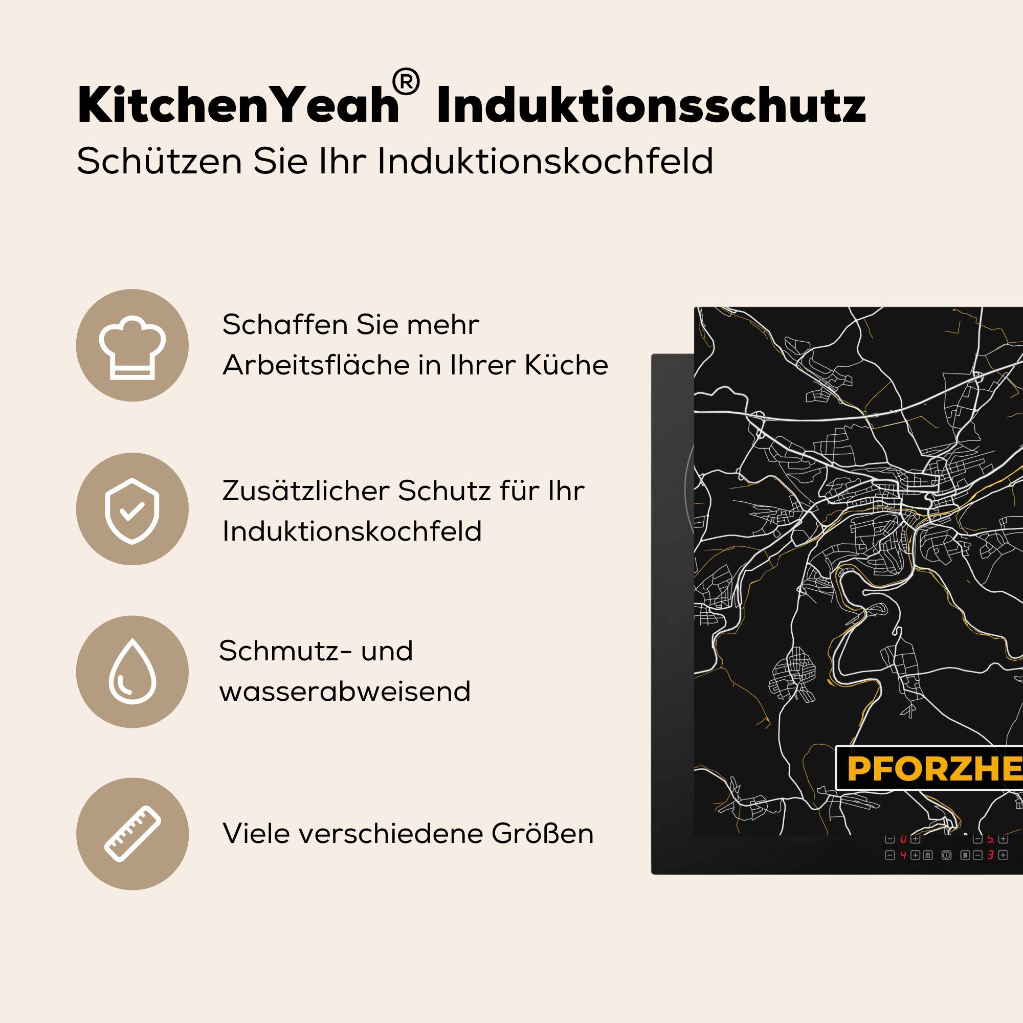 Arbeitsplatte Deutschland tlg), - Herdblende-/Abdeckplatte küche - MuchoWow Vinyl, cm, - Ceranfeldabdeckung, - Pforzheim 78x78 Karte (1 für Karte, Gold