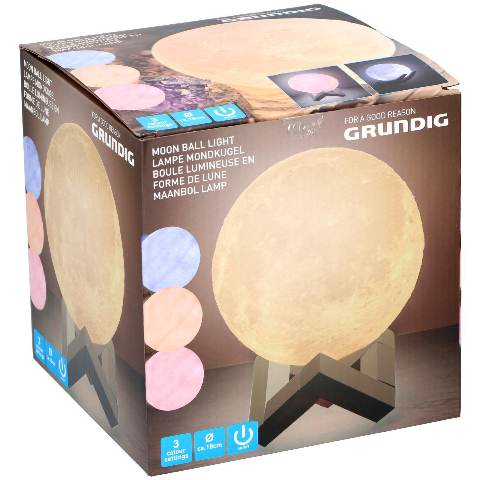 Grundig LED Nachtlicht Mond Lampe 3D Nachtlampe Mondkugel Tischlampe Mondlicht Tischleuchte, LED fest integriert, Natürliches Weiß, Stimmungsvolles Orange, Mystisches Rosa, leuchtet in 3 Farben