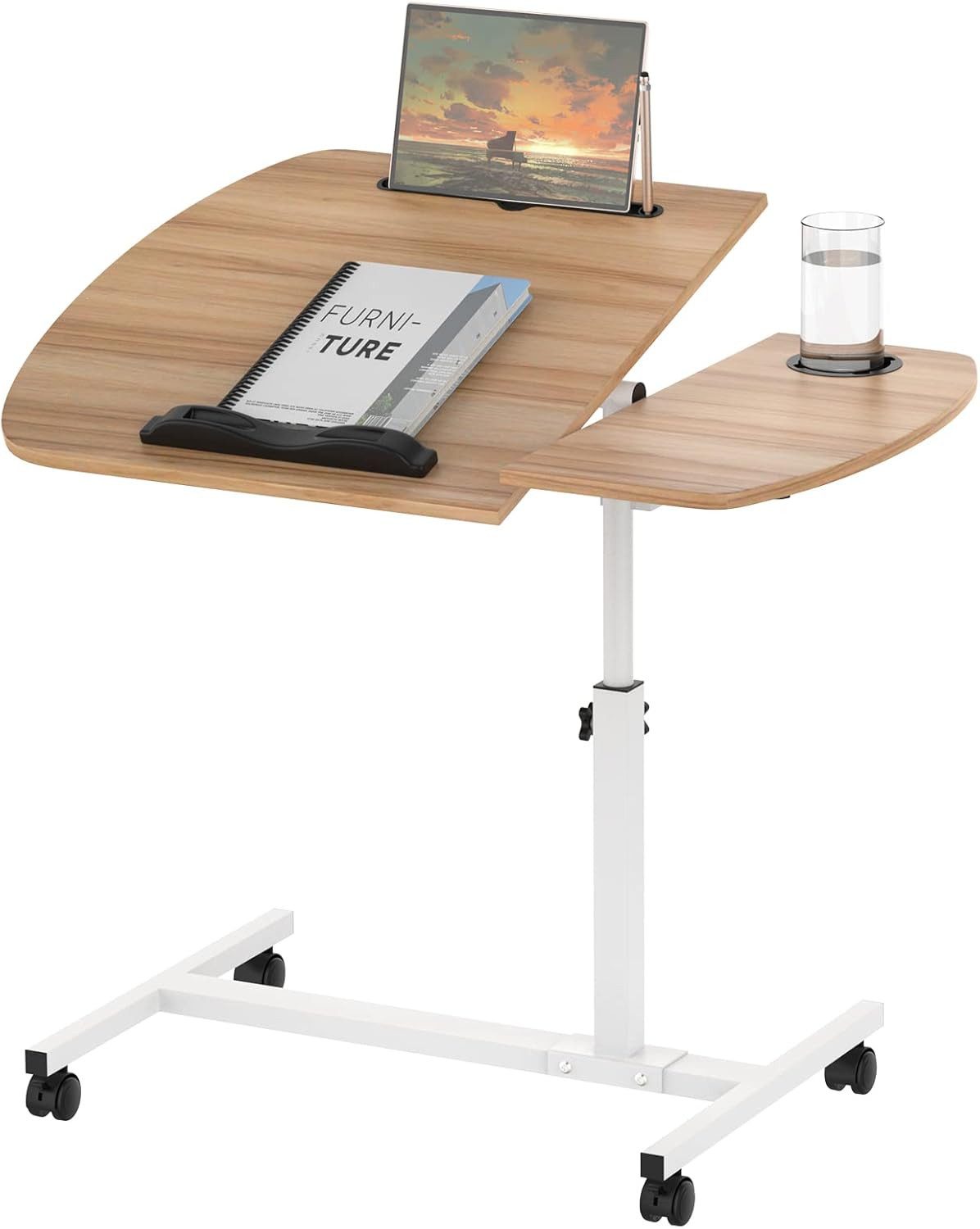 JEOBEST Computertisch Laptoptisch,Mobiler Beistelltisch Pflegetisch Höhenverstellbar 61-95cm, Laptopständer Holz mit Tablet Steckplatz, Stopperleisten+Becherhalter