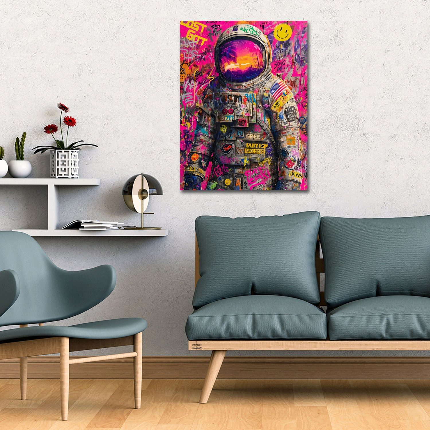Artedinoi Leinwandbild Raumfahrer Porträt Street Art mit Smileys Leinwandbild Wandbild Kunstd, Astronaut mit Smileys