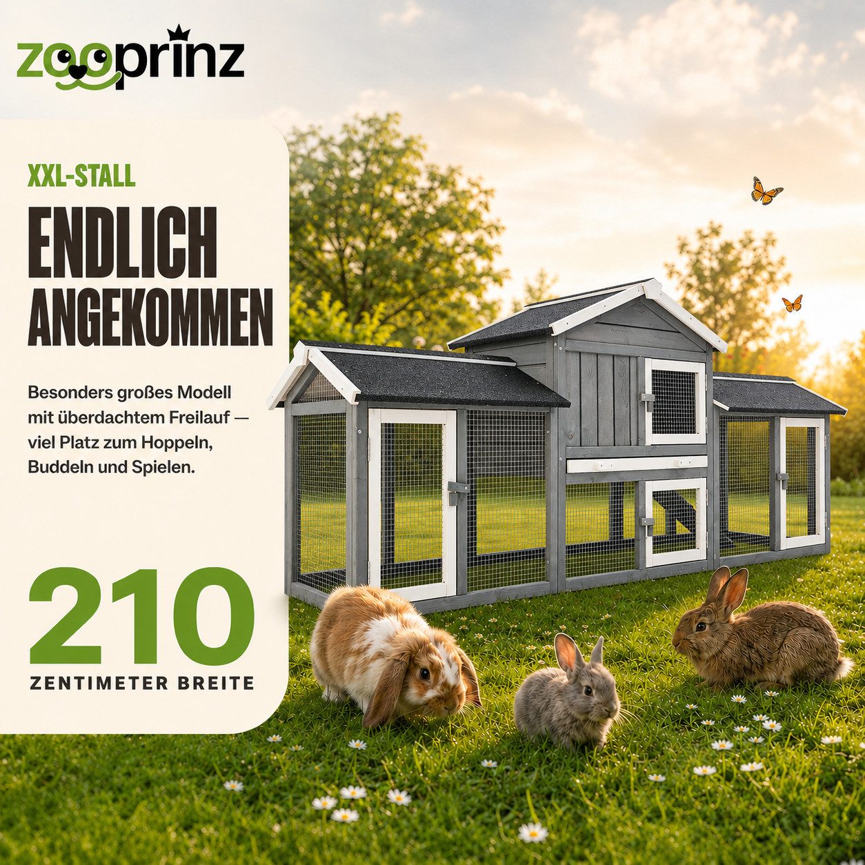 Zooprinz Kleintierstall Don Camillo mit Doppelauslauf 210x85,5x54 cm (BxHxT), Lasiertes Kiefernholz, Bitumendach