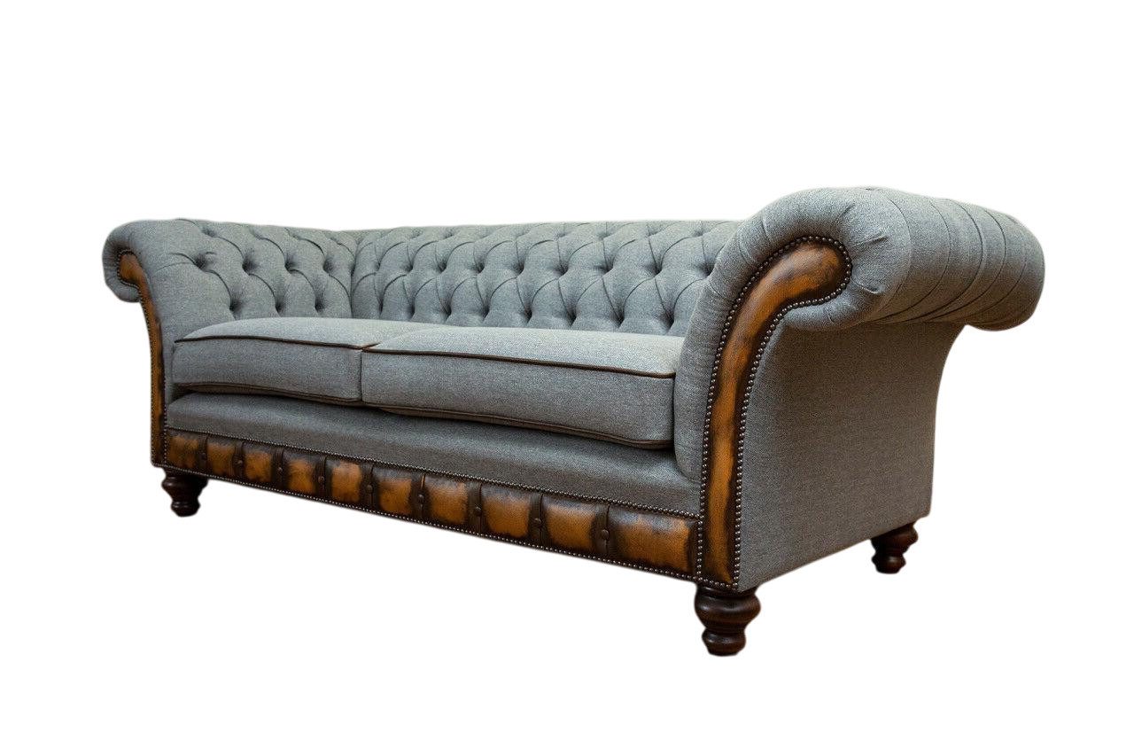 Xlmoebel Chesterfield-Sofa Neues graues Chesterfield-Stoffsofa - Polstersitzmöbel aus Textilien, 1 Teile, Hergestellt in Europa