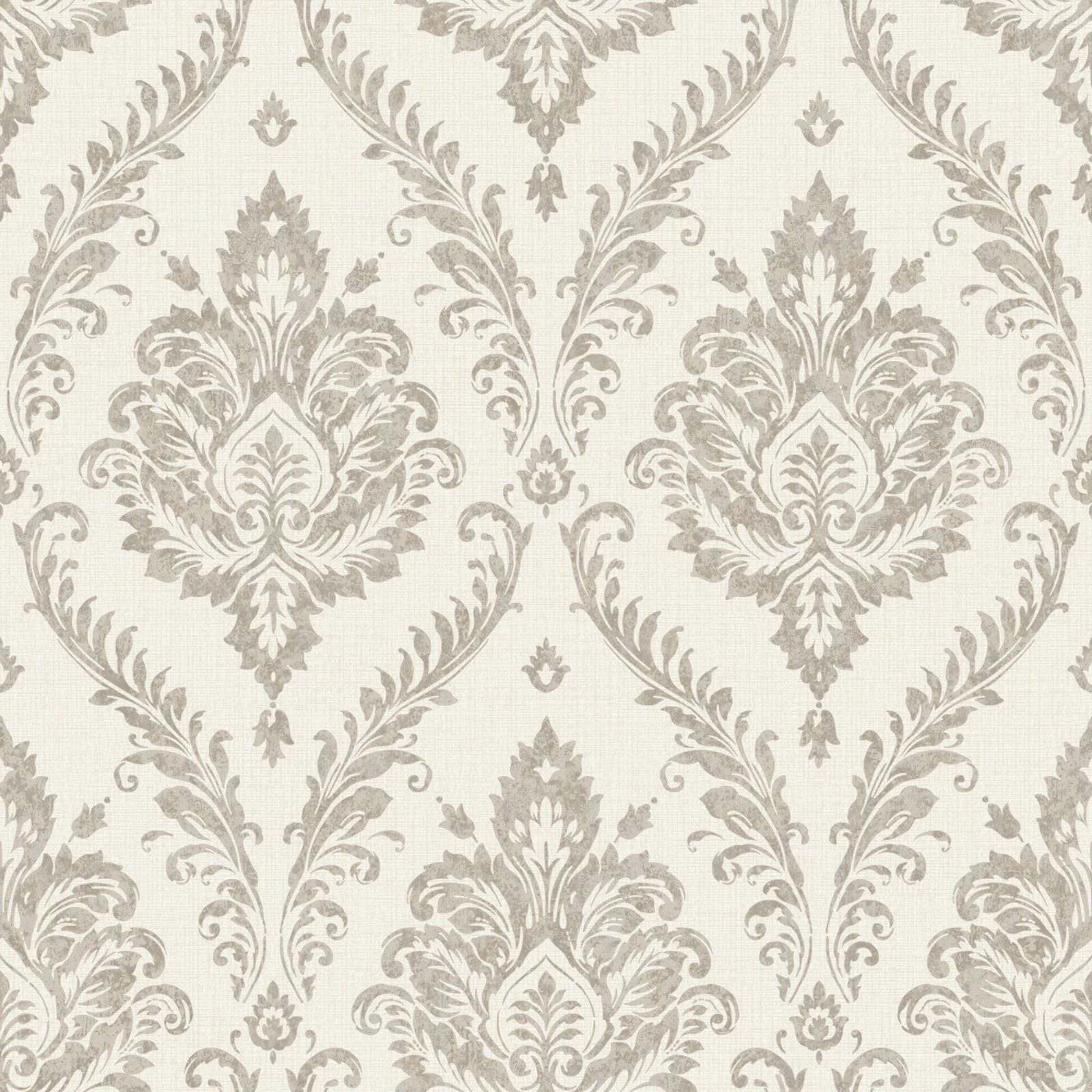 Grandeco Tapete Vliestapete Ornamente Leinen Optik Damast Creme Grau  Glitzer MN3204 Maison