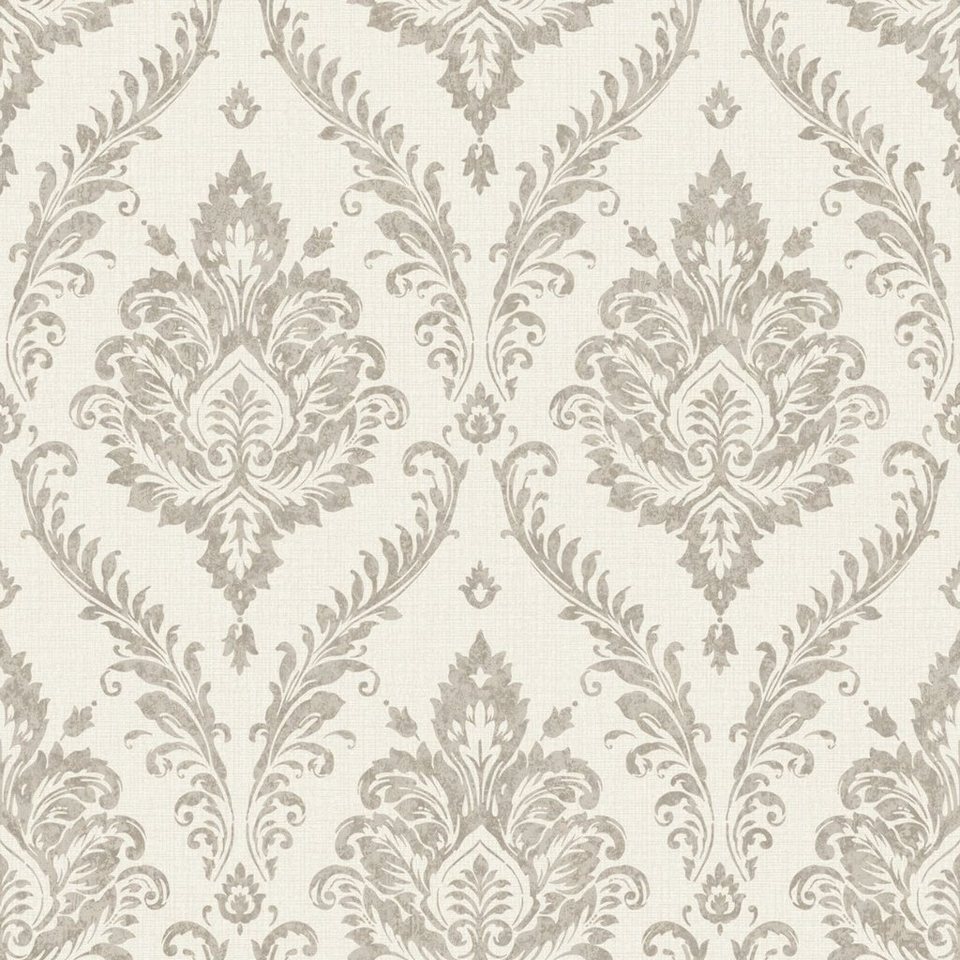 Grandeco Tapete Vliestapete Ornamente Leinen Optik Damast Creme Grau  Glitzer MN3204 Maison