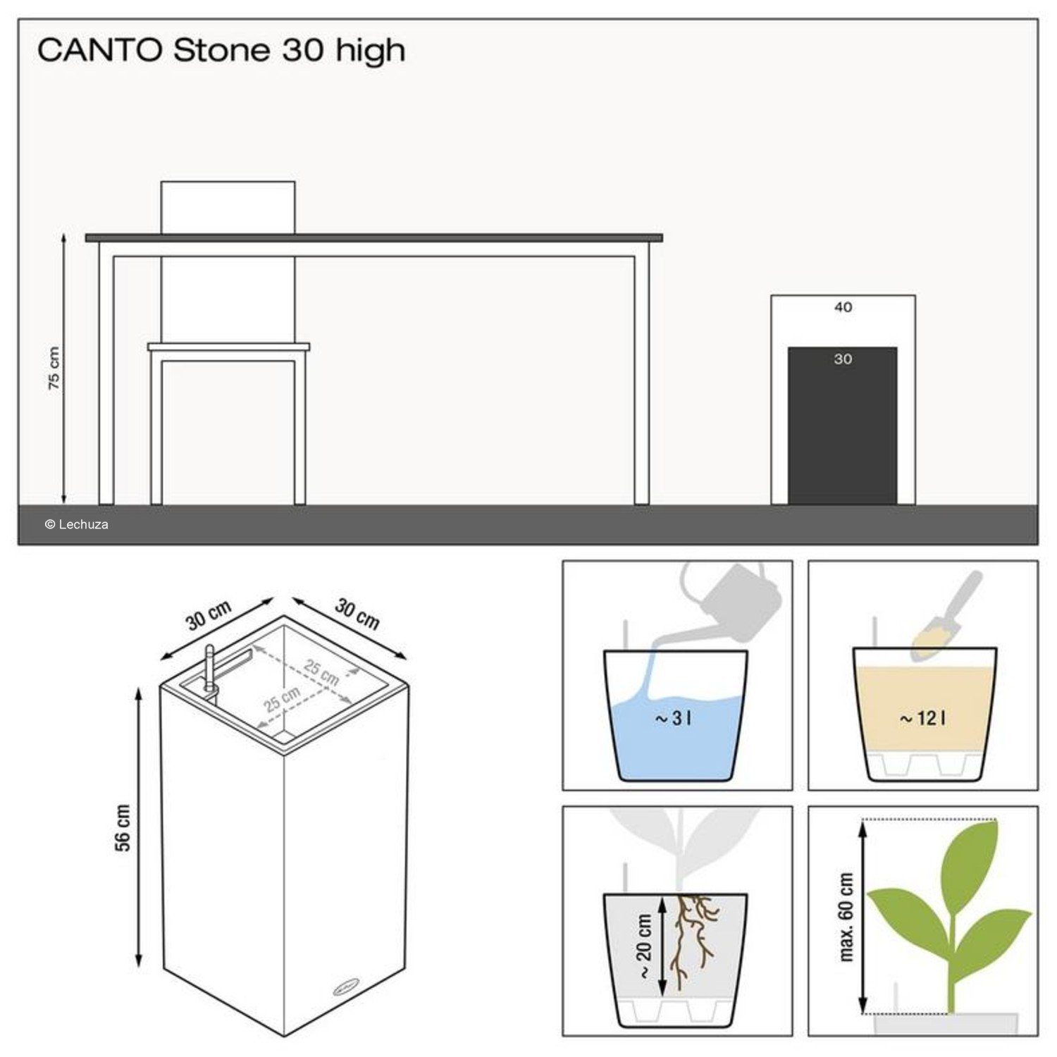 Canto quarzweiß Lechuza Stone Pflanzsäule Pflanzkübel (Komplettset) 30 Lechuza® high