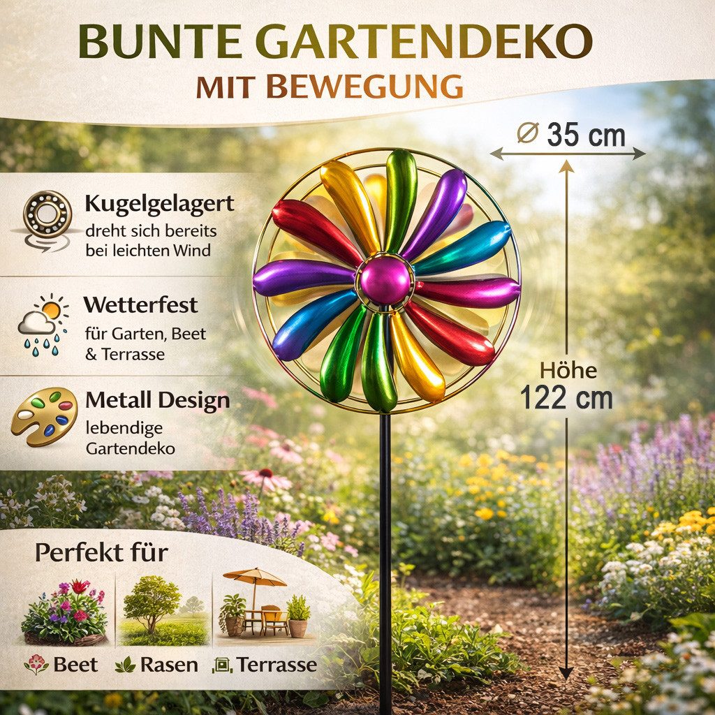 formano Gartenfigur Windrad Blume Garten Metall bunt kugelgelagert Windspiel Ø 35cm