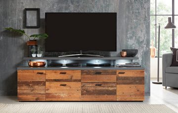 trendteam Lowboard Mood (TV Board in Used Wood Shabby und grau, 180 x 66 cm), viel Stauraum, mit Podest