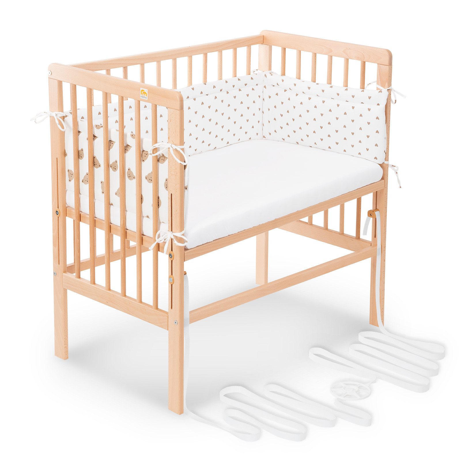 FabiMax Beistellbett Babybett Boxspring Natur, 90 x 55 cm Liegefläche, aus Buchenholz, Stufenlos höhenverstellbar 40-73 cm, Holz-Lattenrost