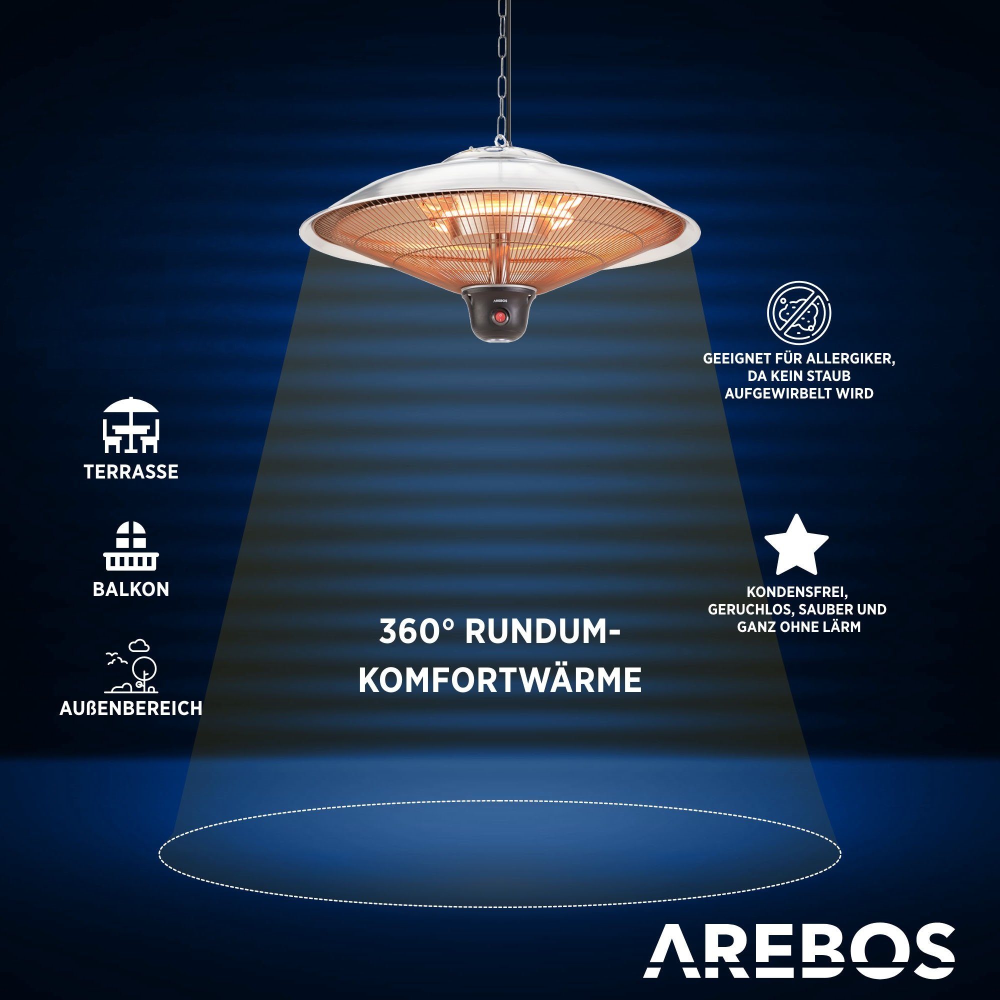 Arebos Infrarotstrahler Deckenheizstrahler, 2.000 W, silber LED-Lampe inkl. + Fernbedienung