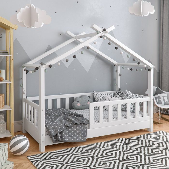 VitaliSpa® Kinderbett Kinderhausbett mit Zaun DESIGN Weiß Matratze