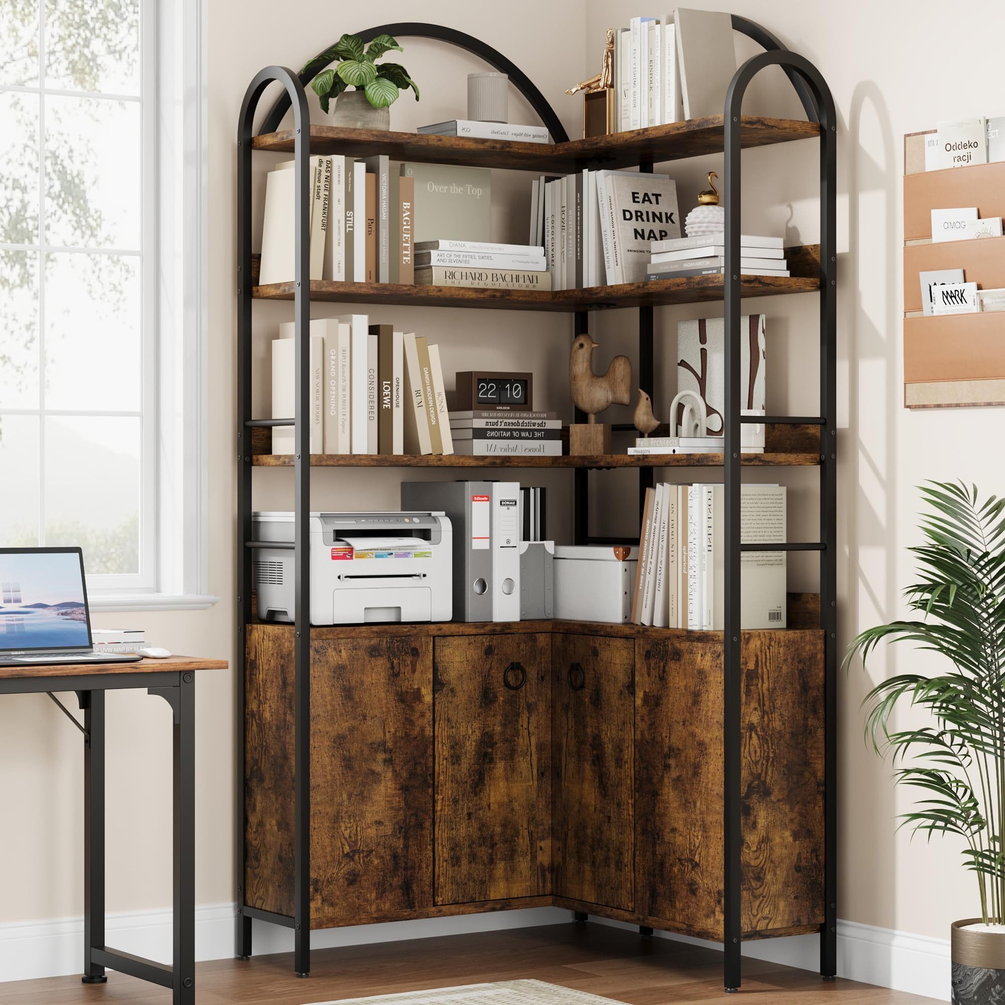GarveeMore Bücherregal 6 Ebenen L-förmiges Eckregal Ablageregal Stauraumregal Mehrzweckregal, 189 cm Bogen Eckbücherregal Aktenregal Regal Standregal, Metallrahmen