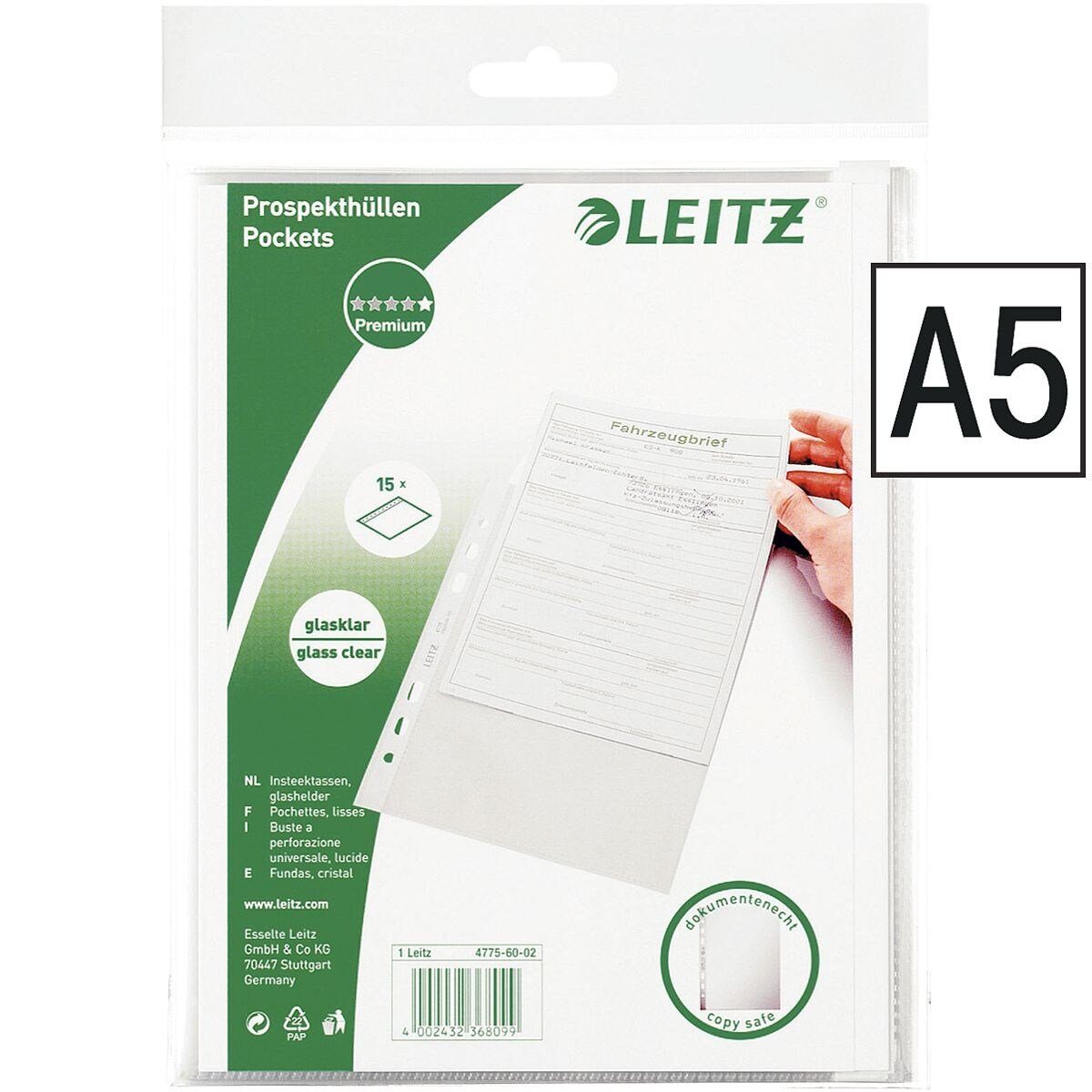 LEITZ Prospekthülle 4775, 15 Stück, Format A4, glasklar, oben offen, abheftbar