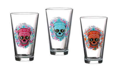 WestCraft Gläser-Set 3er Set 320ml Glas, Mexican Skull Wassergläser, Totenkopf Bar Gläser, Glas, Cocktailgläser Trinkgläser Graffiti Style