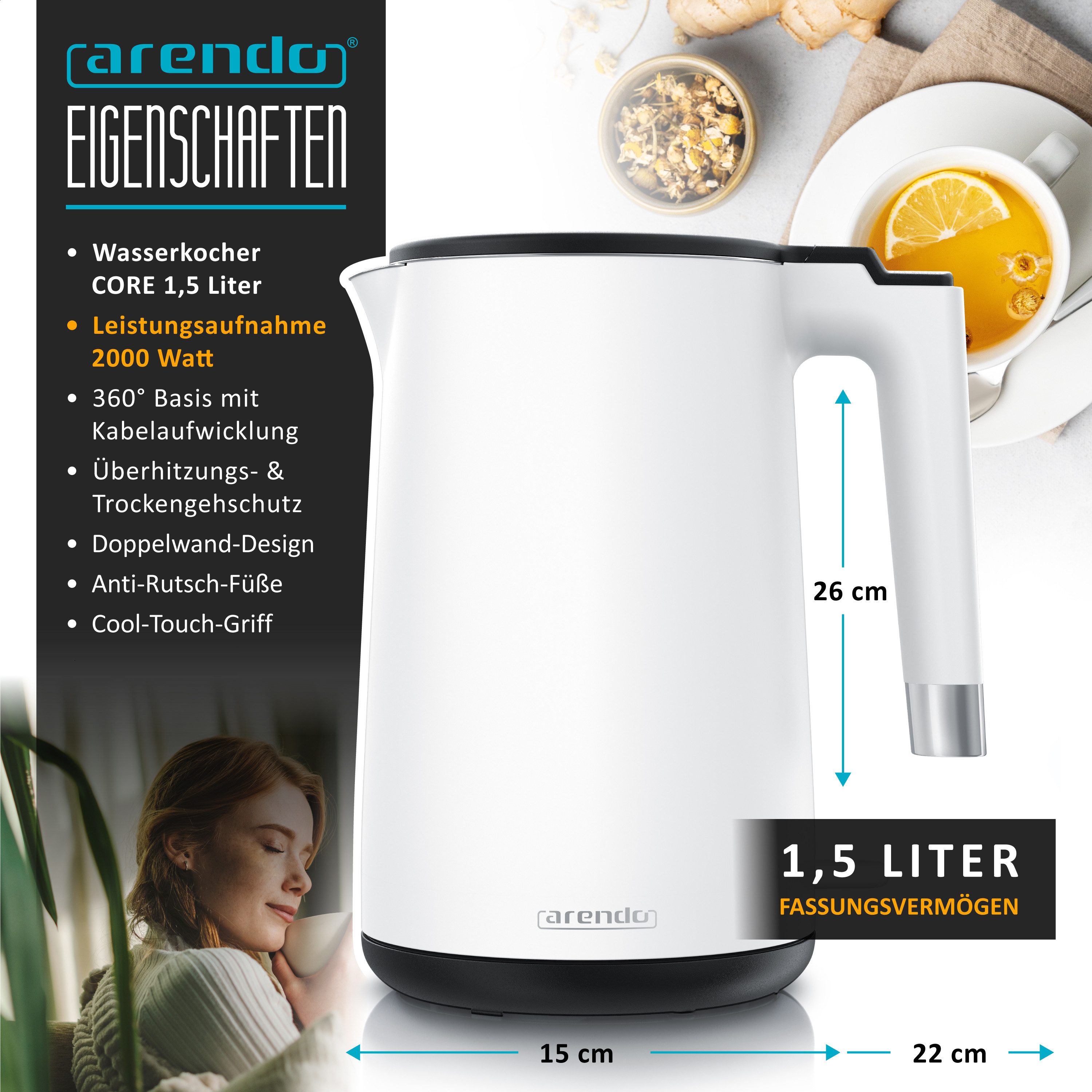 Arendo Wasserkocher aus Edelstahl, 360° Controller, Doppelwand-Design, weiß matt, 1,5 l, 2000 W, Teekocher, Überhitzungs- und Trockengehschutz, BPA-frei