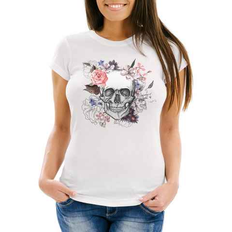 Neverless Print-Shirt Damen T-Shirt Totenkopf Blumen Flower Skull Boho Schädel Slim Fit Neverless® mit Print