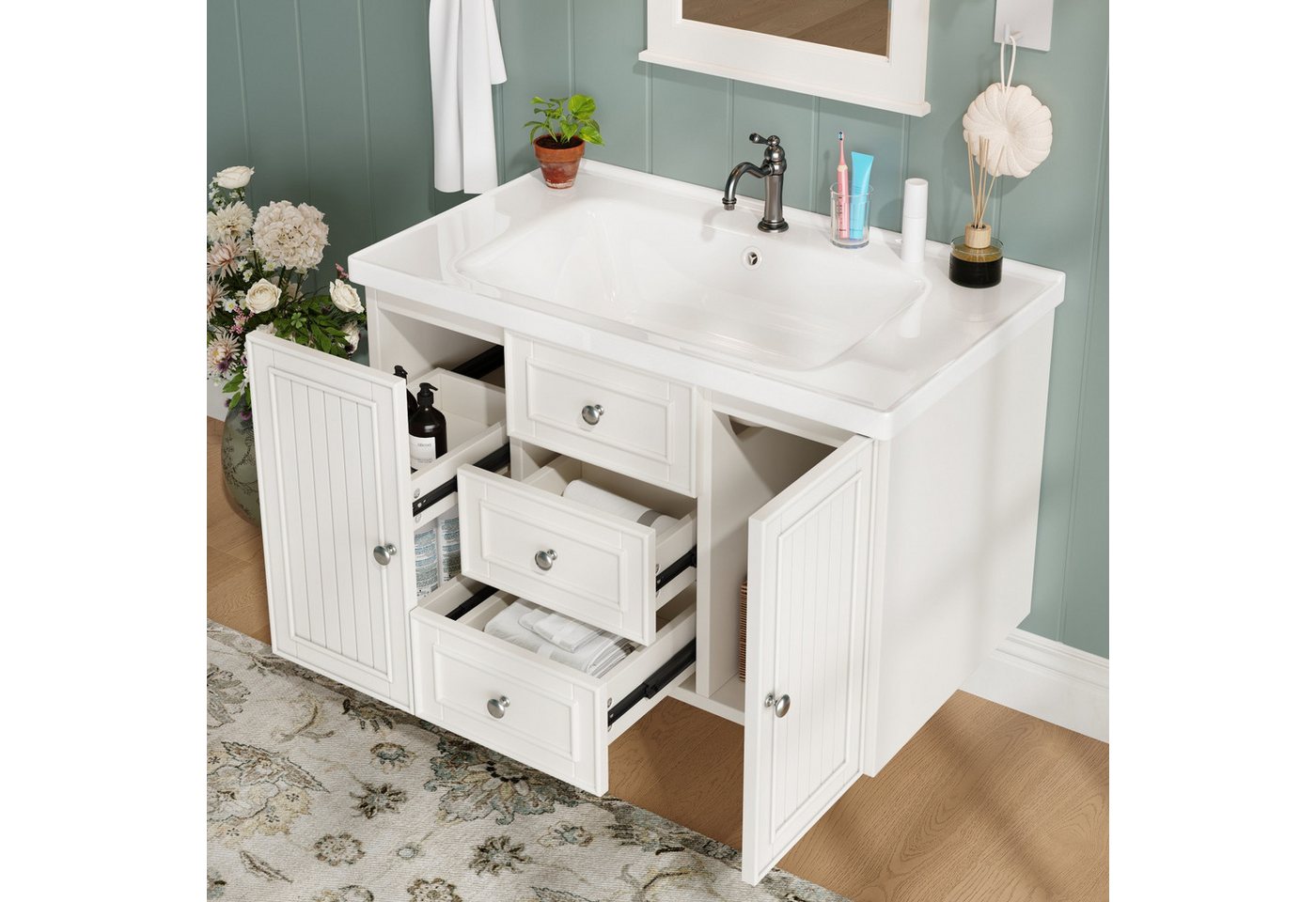 Thumbnail - Fanttik Waschtisch Hängender Waschtisch, Badezimmerschrank mit Waschbecken, (Badezimmerschrank mit 3 Schubladen, viel St...