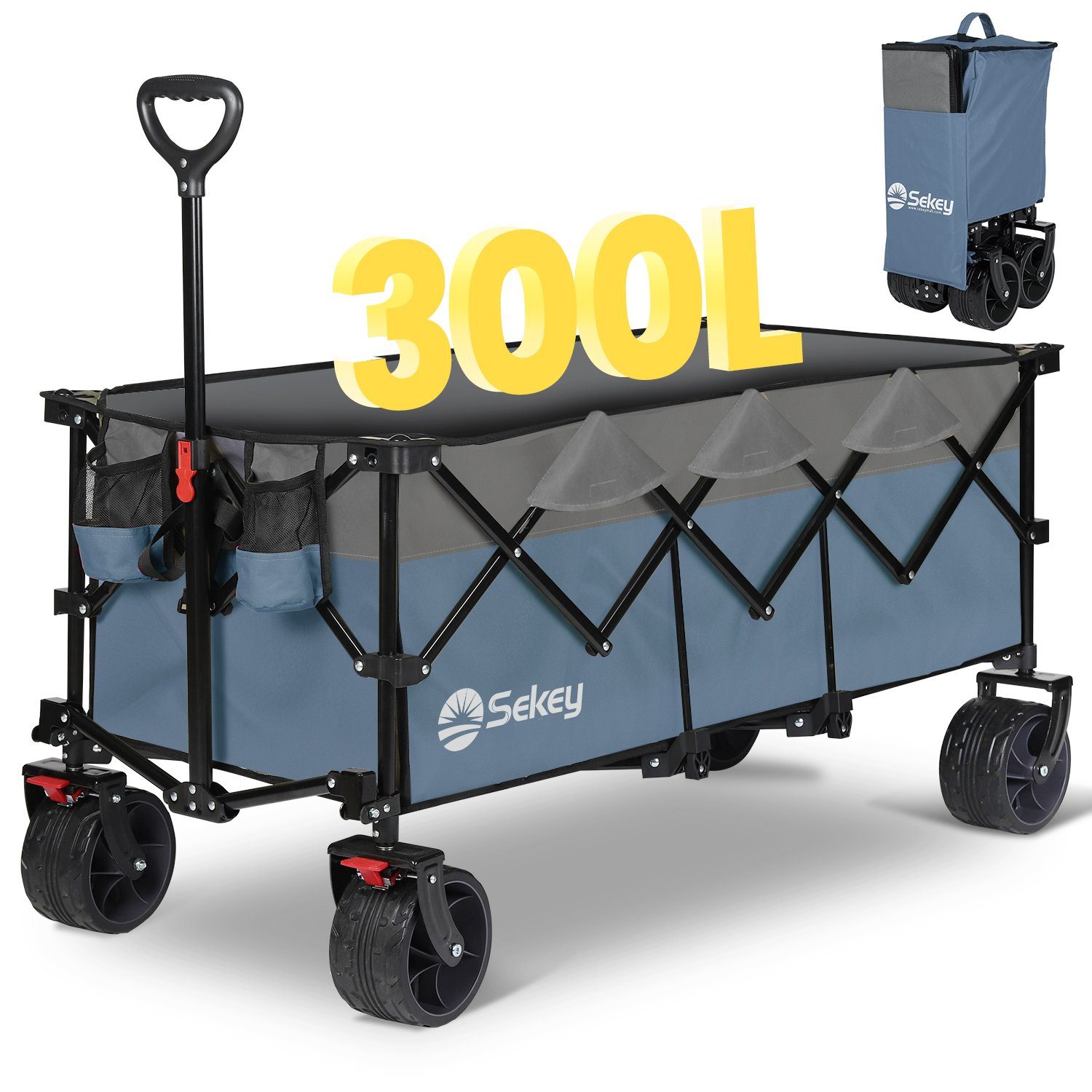 Ultrakompakte Blau-mit-Grau 300L Bollerwagen Faltbar Bollerwagen Reifen, Sekey XXXL 4013, mit Superlang Alle-Gelände Sekey Bremsen Faltgröße, 150KG,