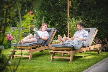 Kai Wiechmann Gartenliege Premium Teak Sonnenliege mit Tablett als stilvolle Relaxliege, verstellbare Teak-Liege mit Rädern und Fuß-Plateau