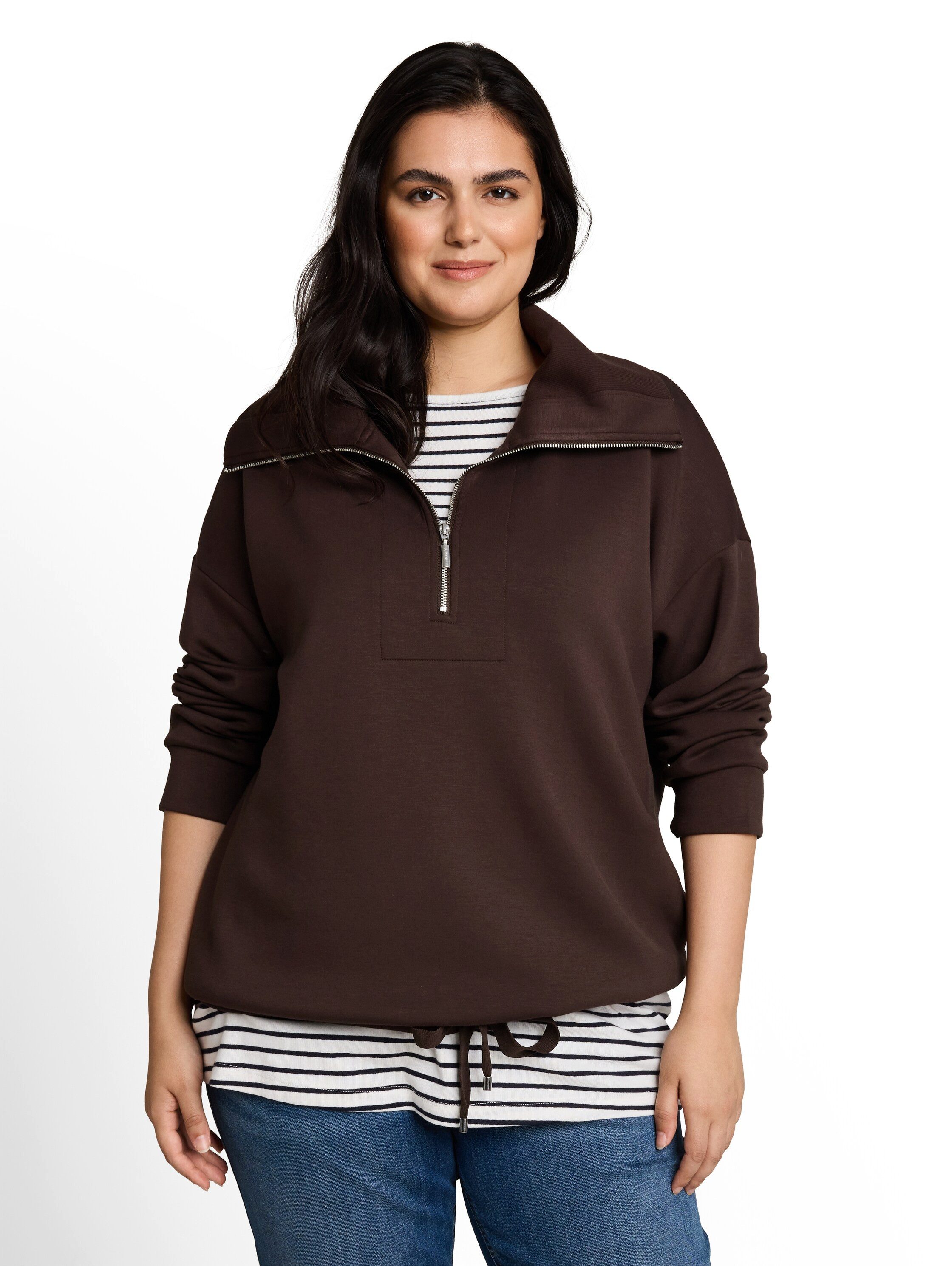 TOM TAILOR PLUS Sweatshirt mit Troyerkragen und Bindeband am Saum / Stretch / Große Größen
