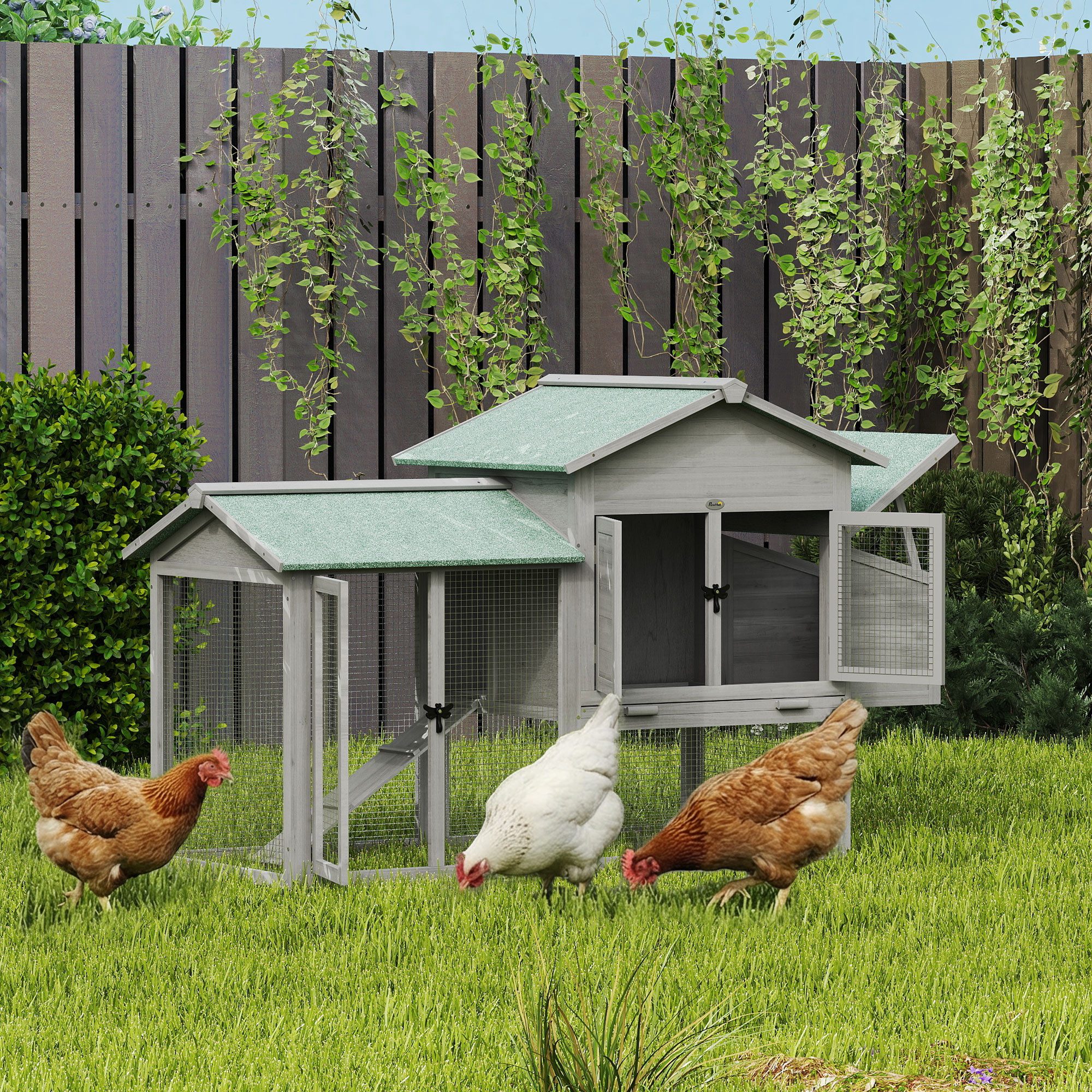 PawHut Hühnerstall Hühnerhaus aus Holz mit Freilaufgehege Nistkasten Rampe Tablett, für 2-4 Hühner Kaninchen Enten Grau