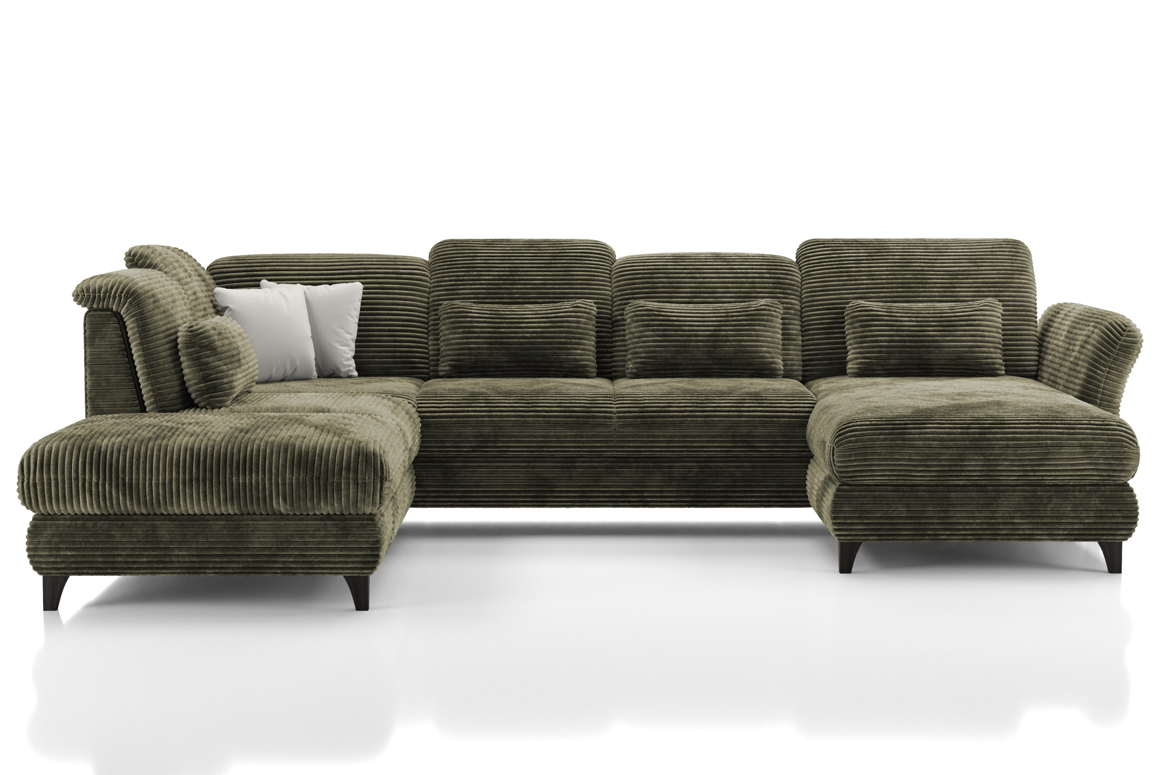 Hygger Möbelhaus Wohnlandschaft Eva U-Form XXL mit Schlaffunktion & 2 Bettkästen, B × T₁/T₂: 350 × 190/250 cm, Taschenfederkern, Sitztiefen-, Kopfstützen- und Armlehnenverstellung