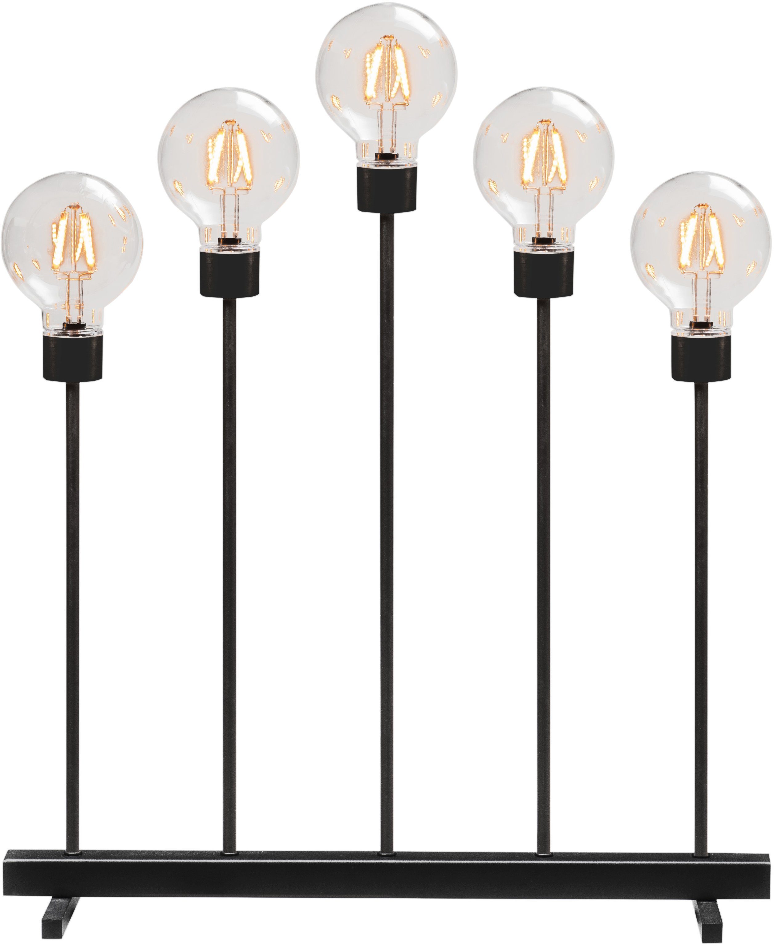 KONSTSMIDE LED Fensterleuchter Weihnachtsdeko, LED fest integriert, LED Metallleuchter, schwarz, 5 runde Globes, 10 bernsteinfb. Dioden