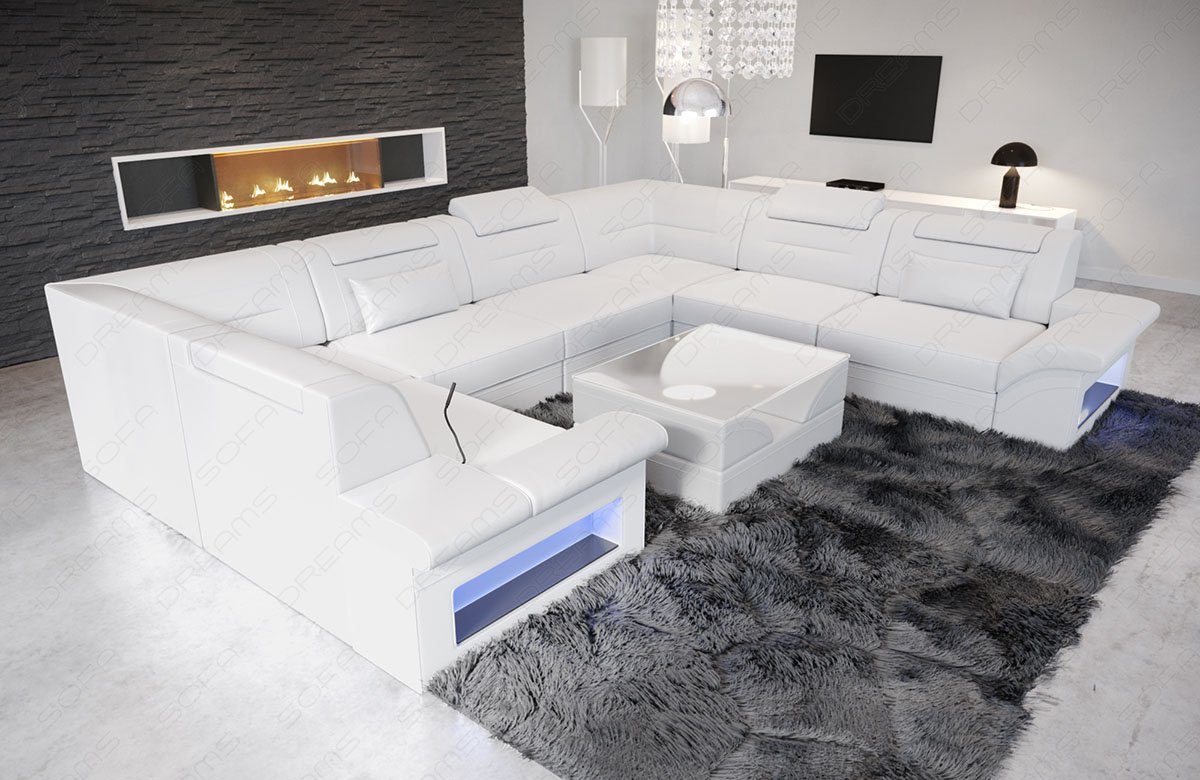 Sofa Dreams Form mit Brianza Sofa, als mit LED, Couch, Designersofa Bettfunktion U Wohnlandschaft wahlweise Ledersofa Schlafsofa, Leder