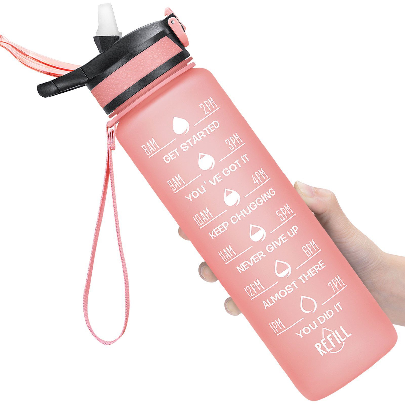WISHDOR Trinkflasche Sport Wasserflasche Sportflasche Wandern und 1 Pink Strohhalm 1L, Liter BPA-Frei Camping Zeitmarkierung Auslaufsicher Outdoor Fitness Fahrrad