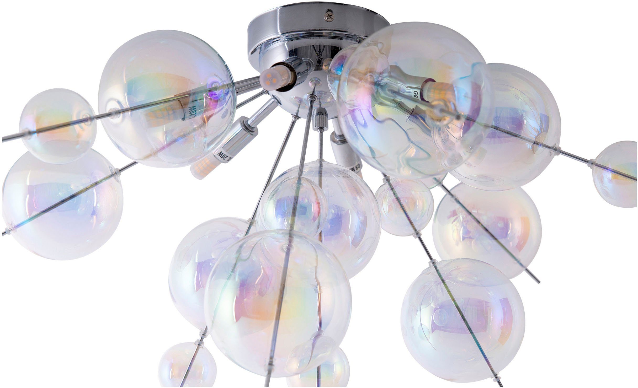 näve Deckenleuchte Explosion, ohne Leuchtmittel, irisierende, transparente Glaskugeln, für 6 x G9 Sockel, Ø 57 cm