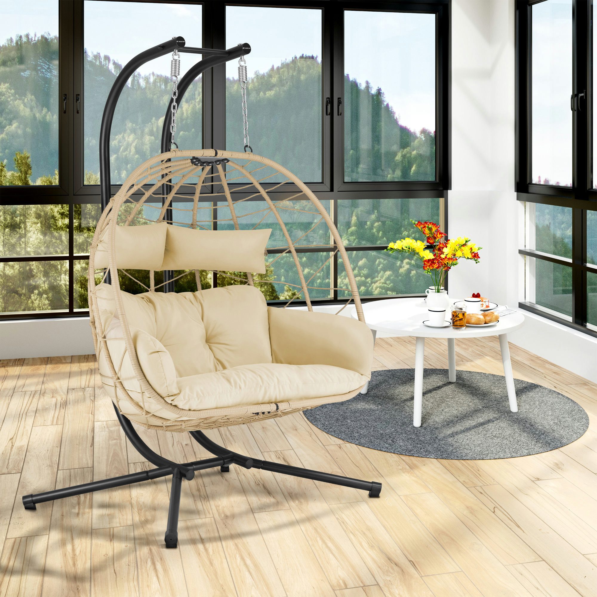 HinHocker Hängesessel Hängesessel für 2 Personen mit Gestell, Creme, XXL Hängeschaukel Indoo, Faltbarer Korb