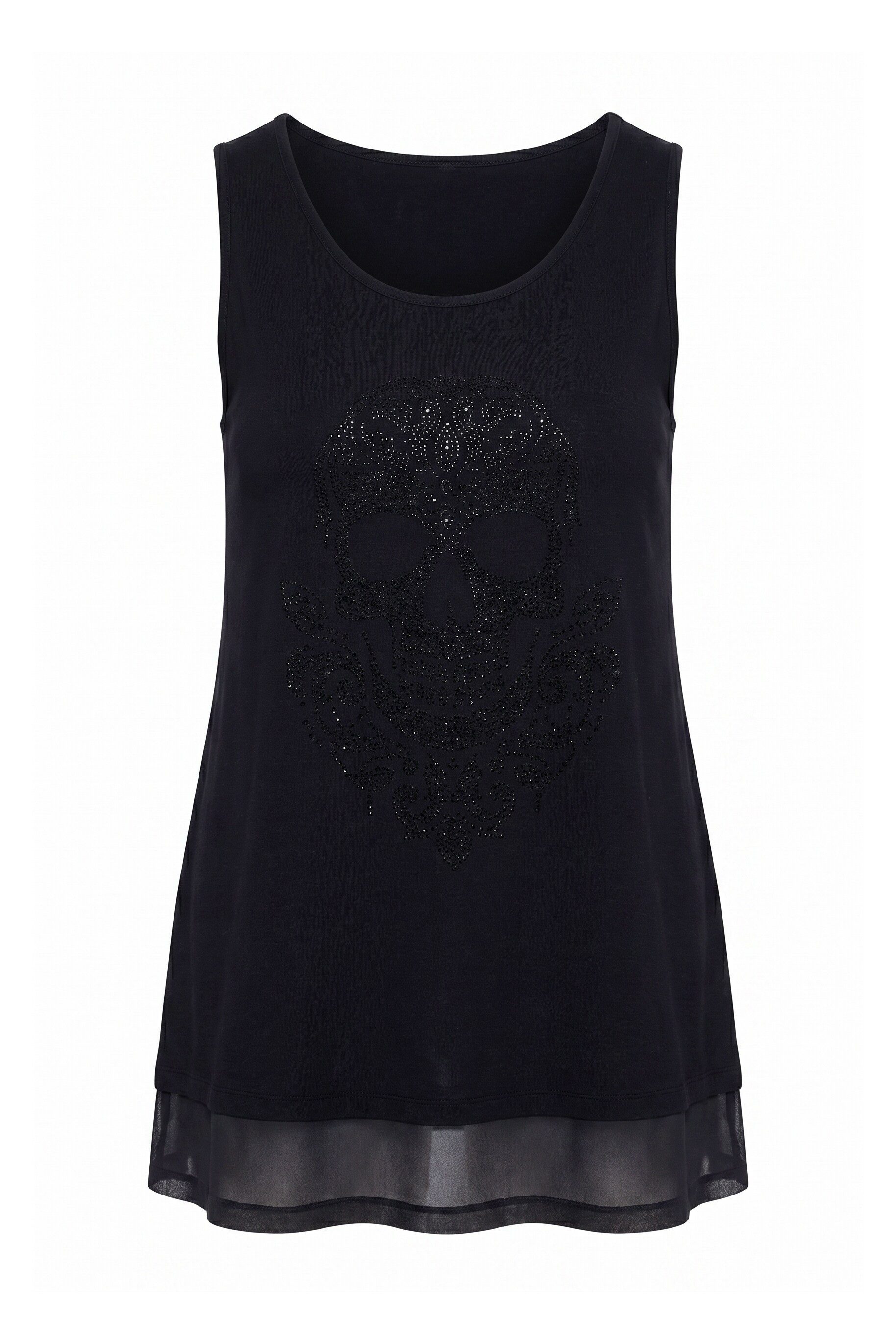 MIAMODA Longshirt Tanktop A-Linie Glitzer-Totenkopf Chiffon-Saum