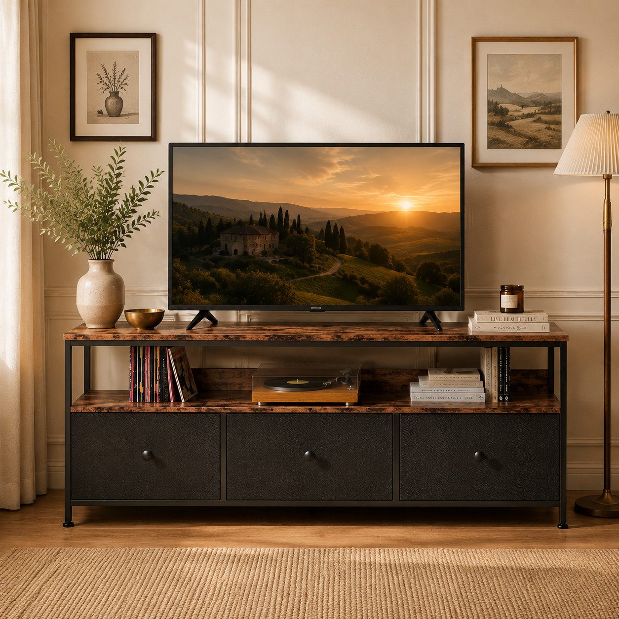 Simurq TV-Bank TV-Board mit LED-System, 3 Schubladen und viel Stauraum (Kein Set, Einzelmöbel), Modernes Vintage-Design, LED-System, Stauraum mit Schubladen