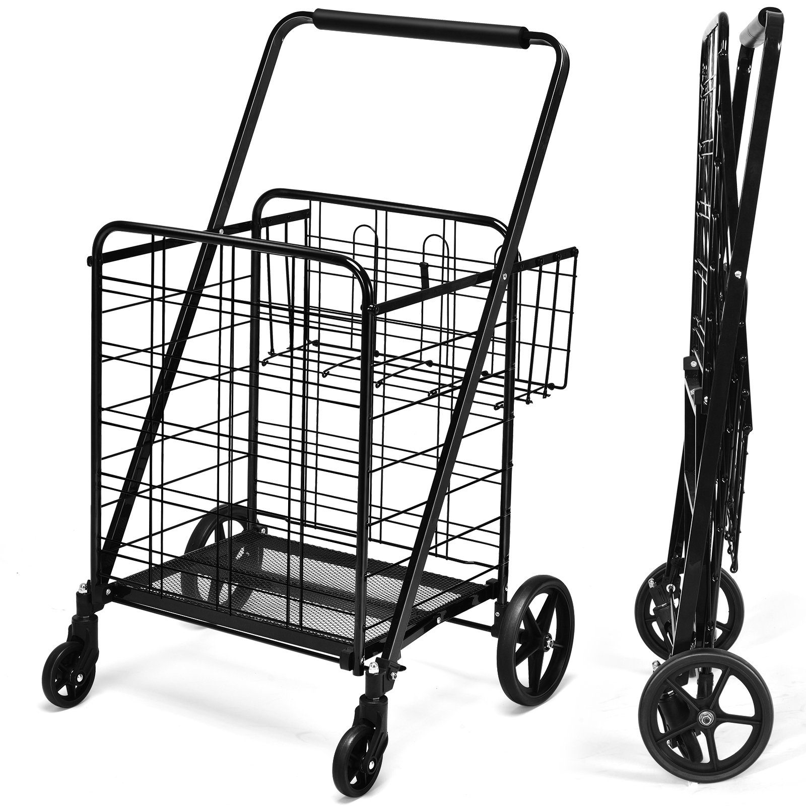 COSTWAY Einkaufstrolley, mit Doppelkorb & 360° Rädern, bis 150kg drehbaren