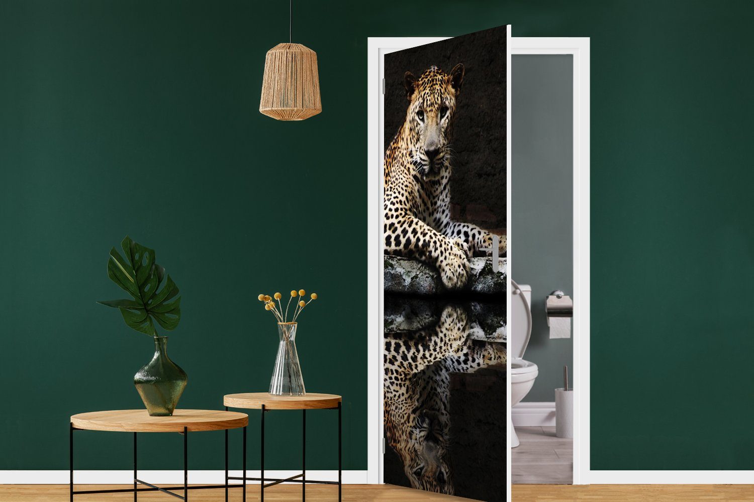 bedruckt, Wald, Türtapete 75x205 Tür, für Leopard MuchoWow - cm Matt, Fototapete - Wasser Türaufkleber, St), (1