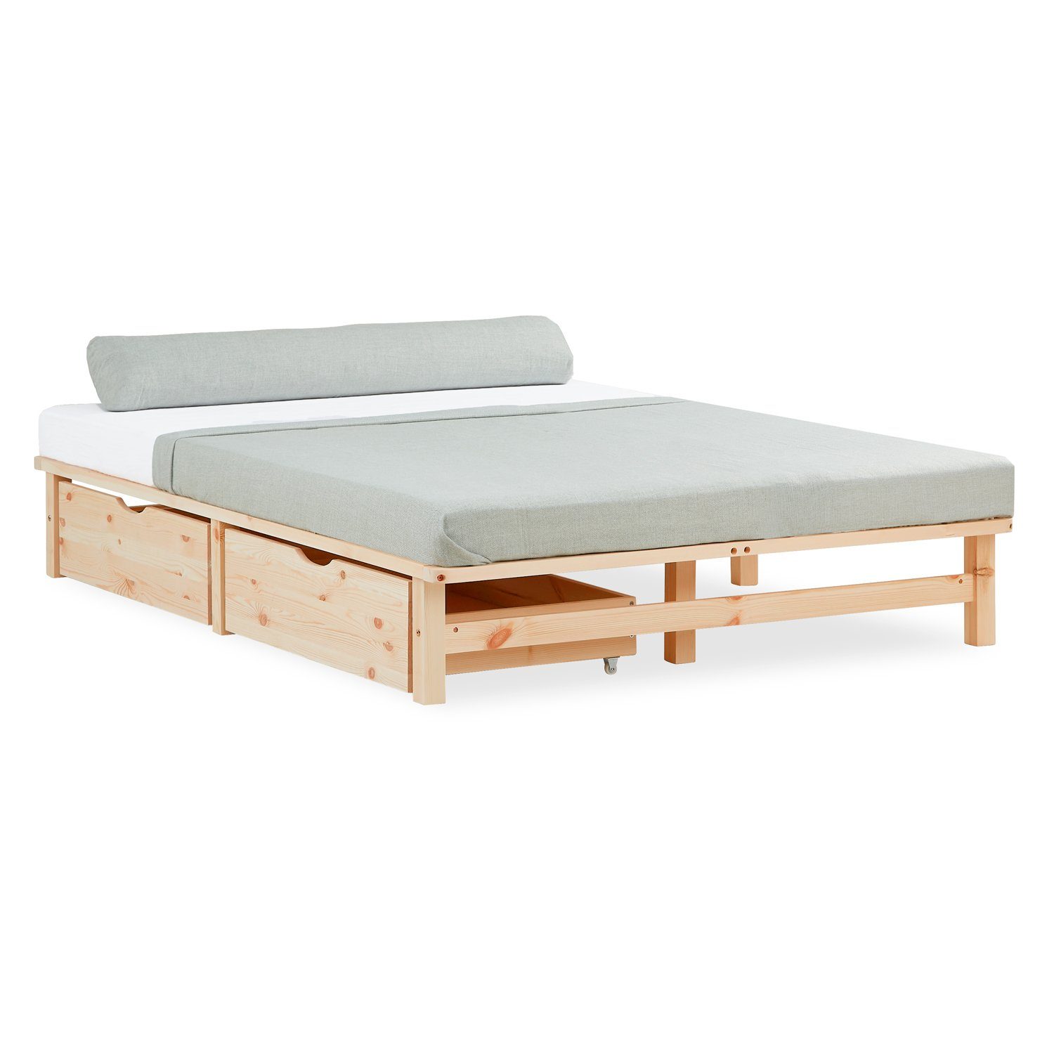 Homestyle4u Palettenbett 90x200 100x200 140x200 Holzbett Kiefer Natur Bettkasten Schublade (Set mit Lattenrost, 2x Bettkasten/Schublade), 140x200, naturbelassen