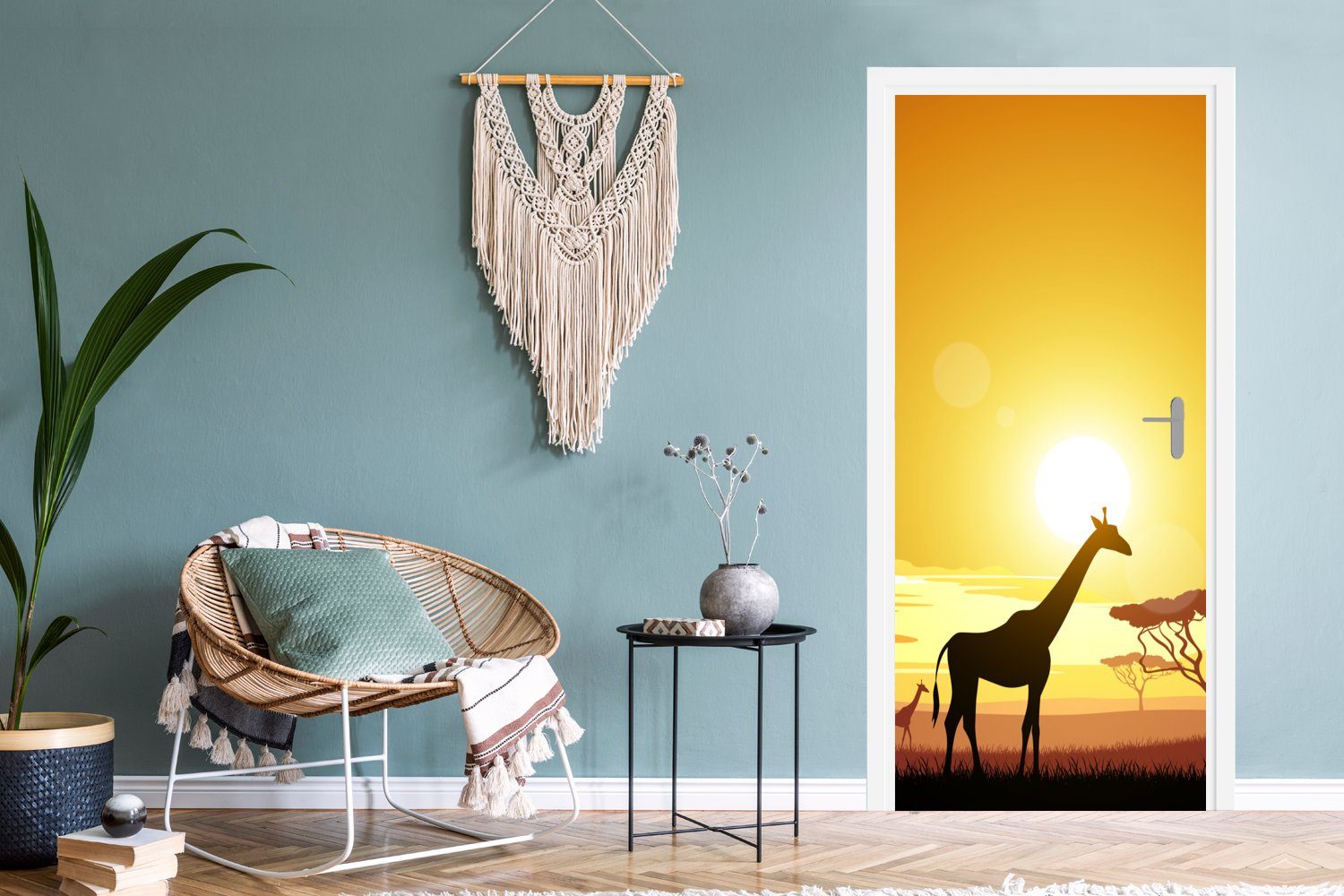 Sonnenuntergangs St), Türtapete einer Giraffe, 75x205 (1 Fototapete Türaufkleber, mit für Illustration Matt, bedruckt, cm eines afrikanischen MuchoWow Tür,