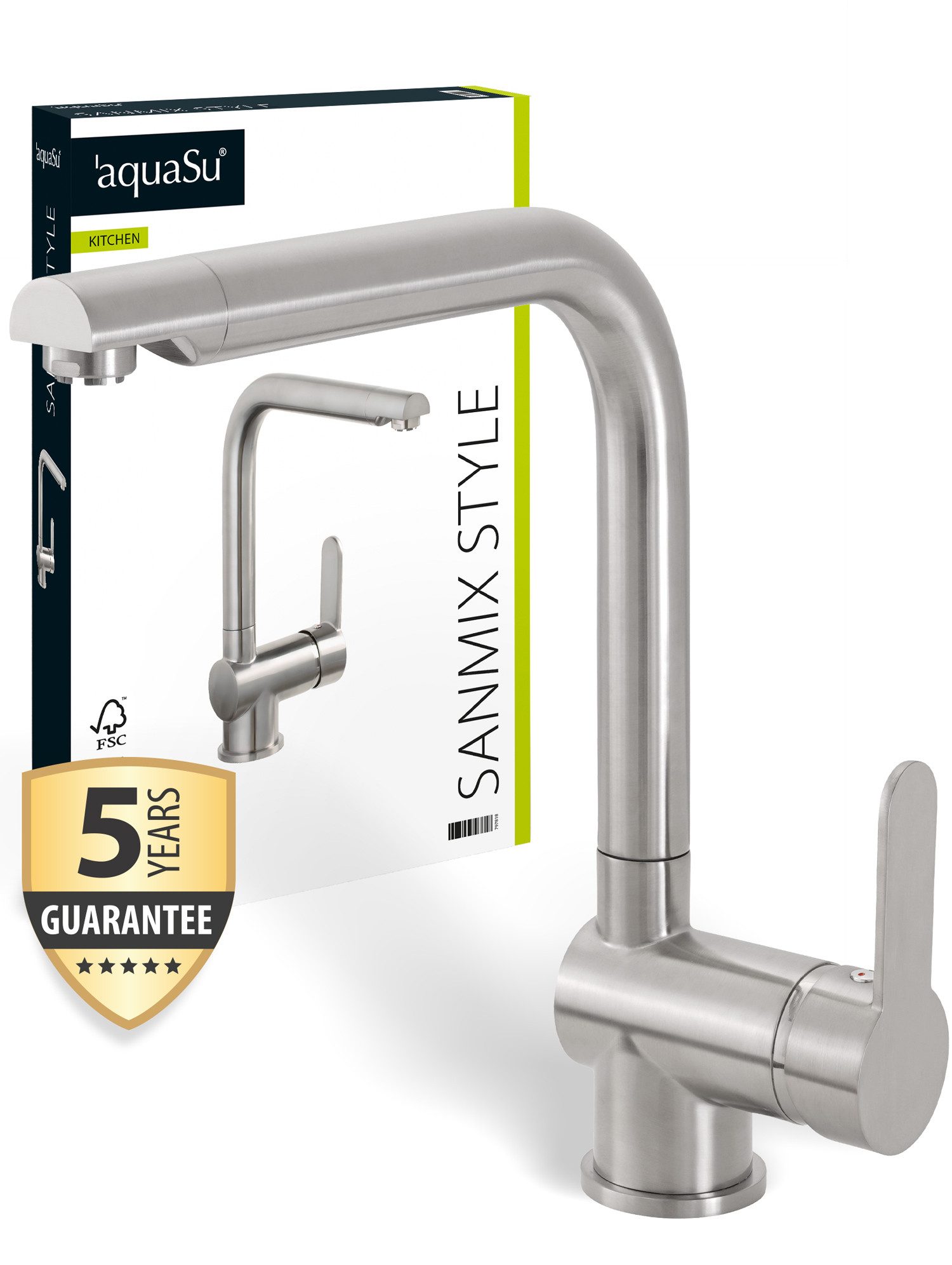aquaSu Spültischarmatur Sanmix Style Niederdruck, Edelstahl, Boiler, Warmwasseranschluss, hoher Auslauf