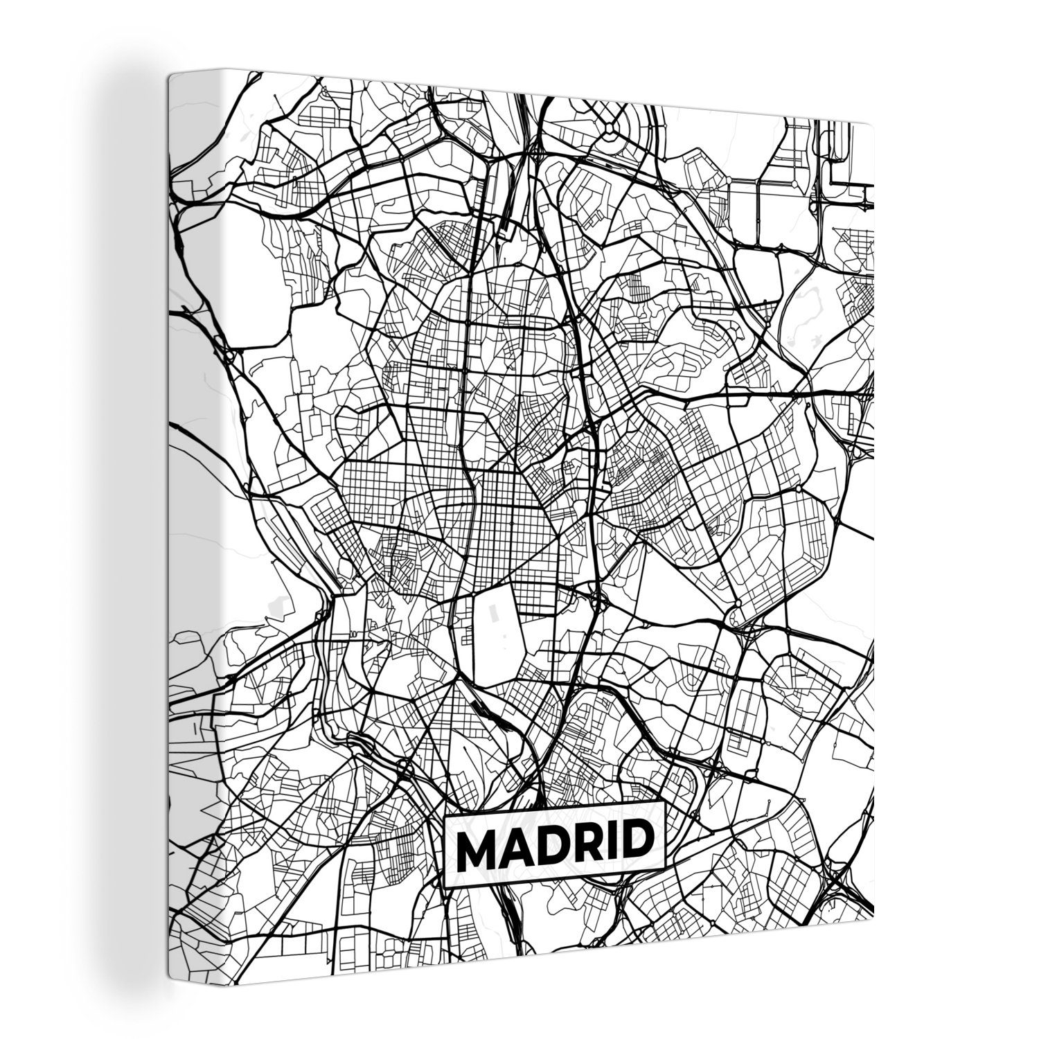 OneMillionCanvasses® Leinwandbild Madrid - Schwarz und weiß - Stadtplan - Karte, (1 St), Leinwand Bilder für Wohnzimmer Schlafzimmer