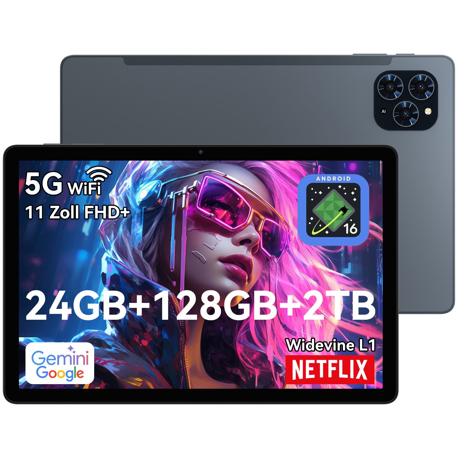 TABWEE T90 11" FHD Android 16 WiFi incl. Tastatur/Maus/Hülle Tablet (11", 128 GB, Android16, FHD Display, Android 16, KI-Unterstützung, mit Zubehör)