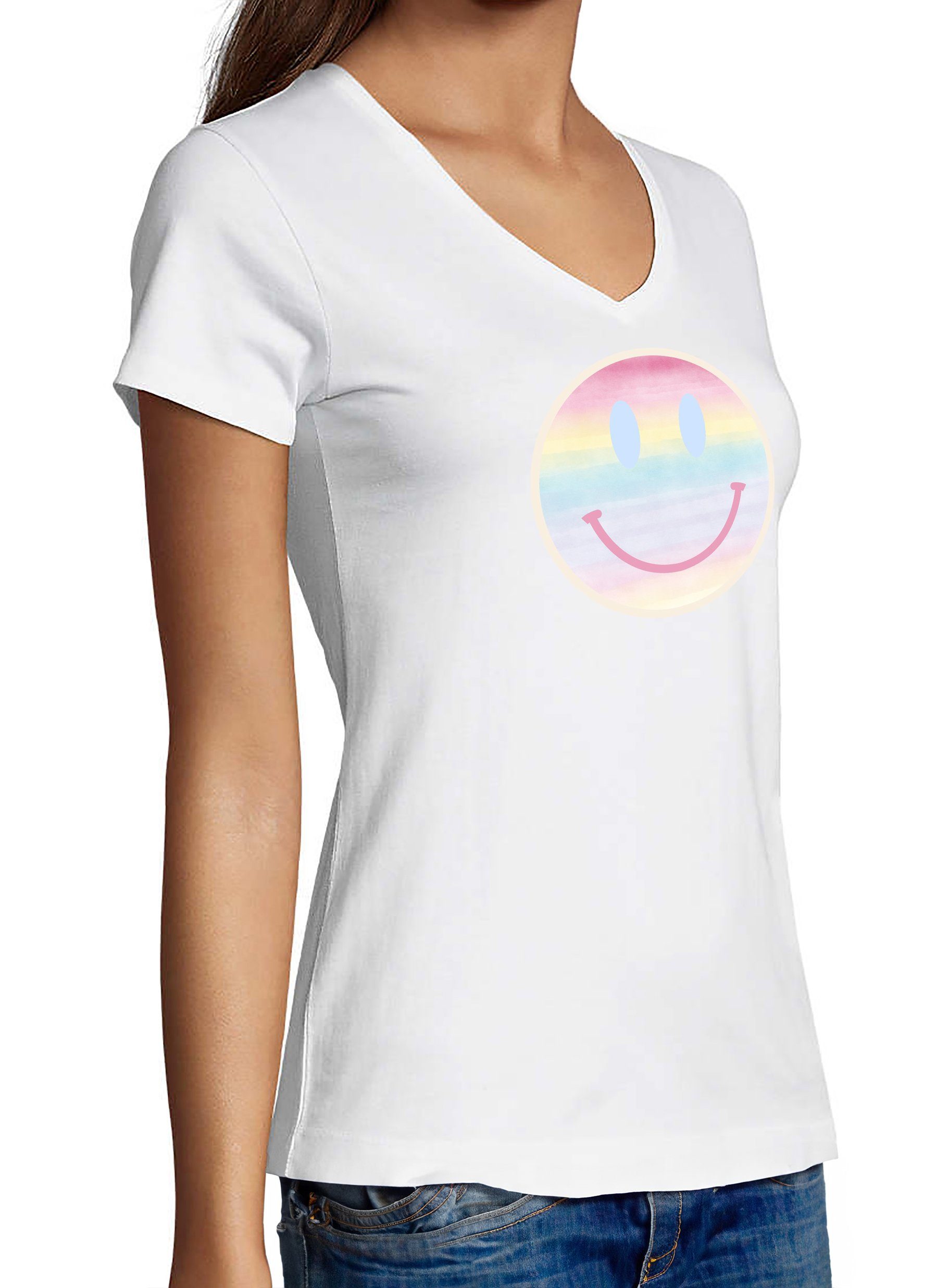 Lächelnder Smiley V-Ausschnitt T-Shirt Print MyDesign24 Shirt Fit, Damen i297 weiss pastellfarbener Baumwollshirt mit Aufdruck Smiley - Slim
