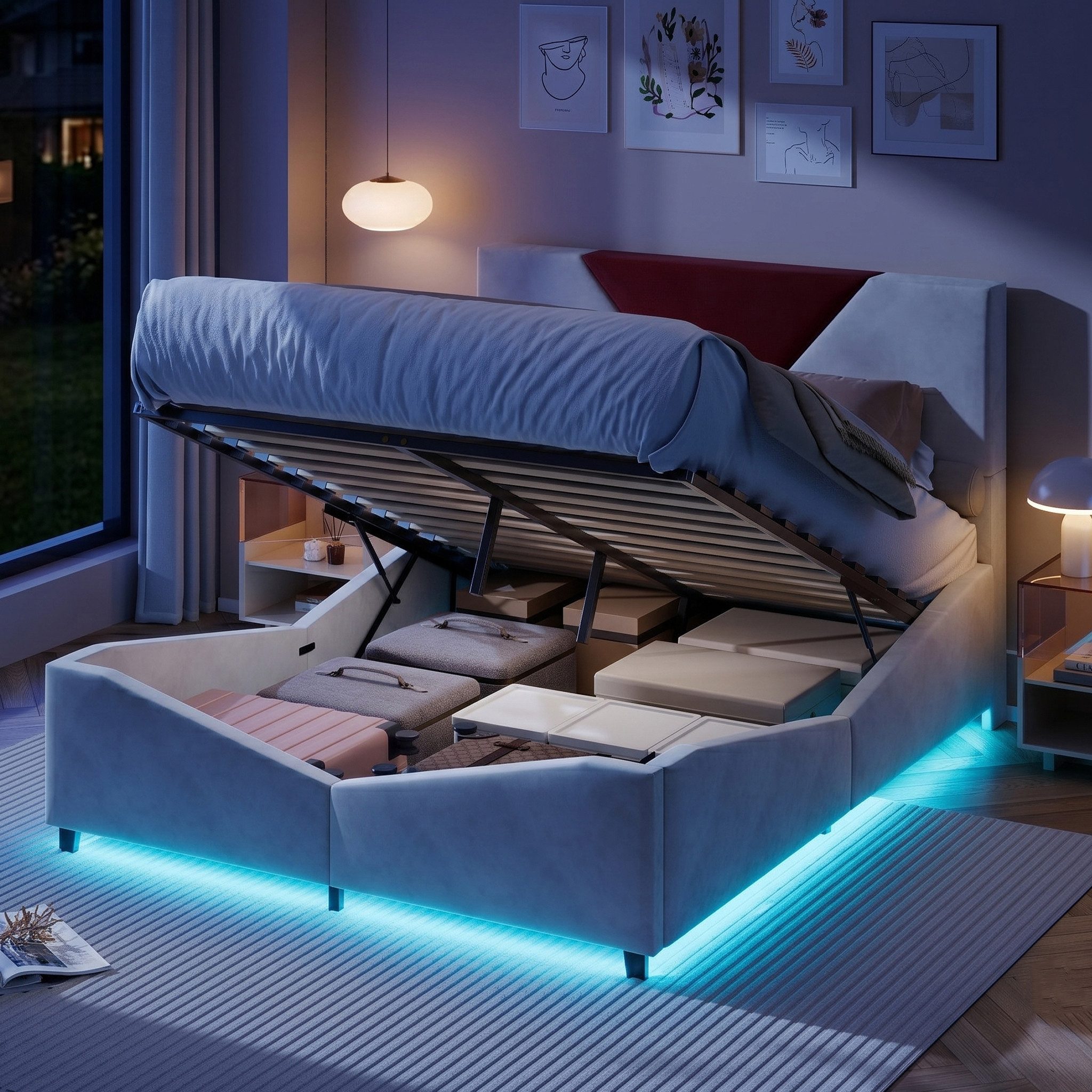 zebery Polsterbett Stauraumbett Doppelbett Mit LED-Leuchten Samtstoff (Packung, 1-tlg., Jugendbett), 140x200 cm,Hydraulisch anhebbarer,Mit Kopfteil und Bettgestell,Beige