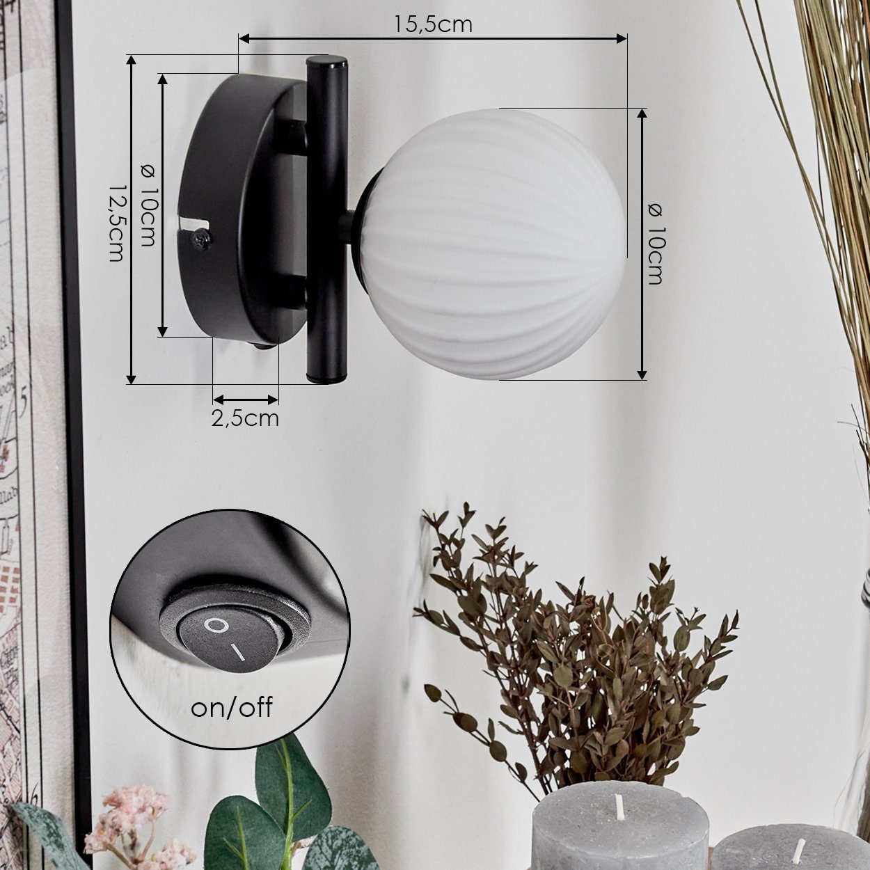 hofstein Wandleuchte Wandlampe aus Metall/Riffelglas in Schwarz/Weiß, ohne Leuchtmittel, Leuchte mit Glasschirm, An/-Auschalter, 1xG9, ohne Leuchtmittel