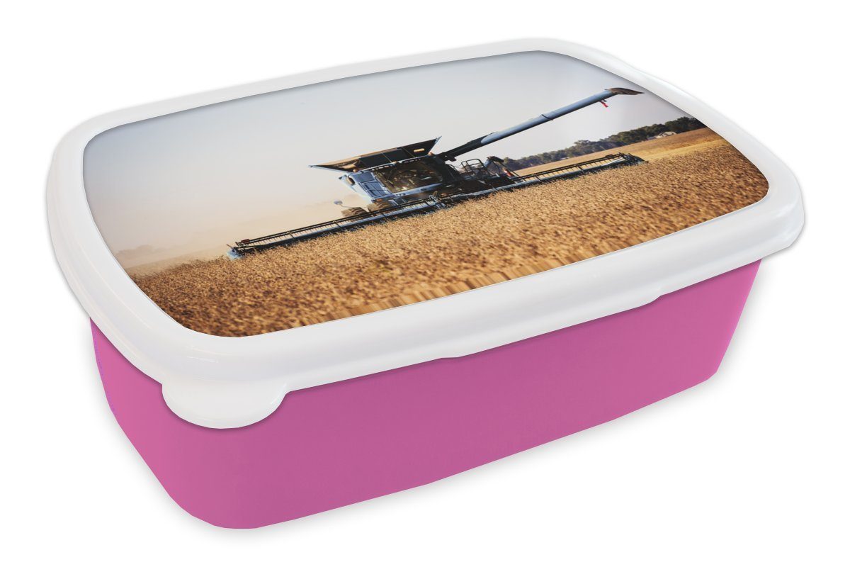 MuchoWow Lunchbox Traktor - Bauernhof - Mähdrescher, Kunststoff, (2-tlg), Brotbox für Erwachsene, Brotdose Kinder, Snackbox, Mädchen, Kunststoff rosa