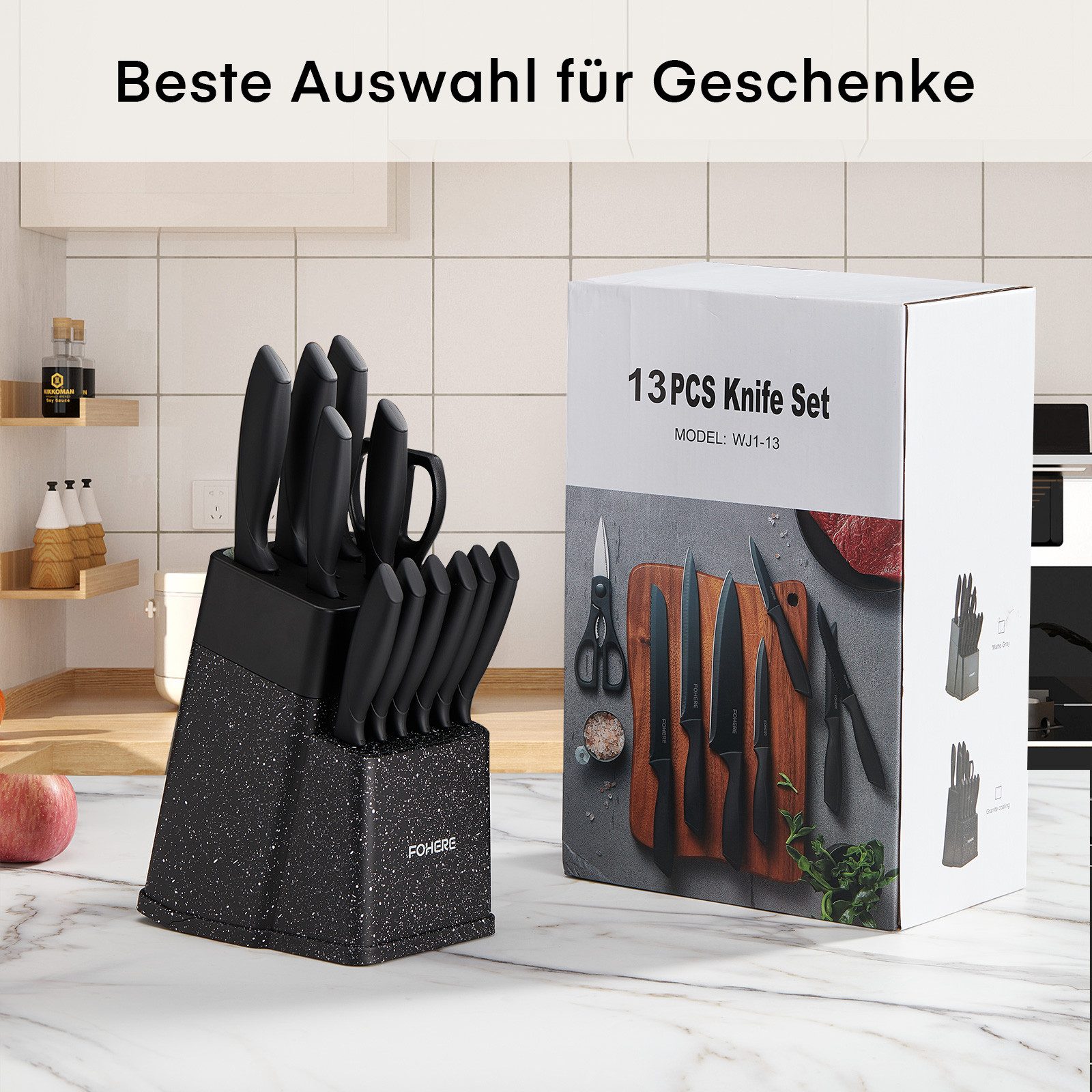 FOHERE Messer-Set aus hochwertigem Edelstahl, mit ergonomischen Griffen (13-tlg), Inkl. integriertem Schärfblock, spülmaschinenfest & rostfrei