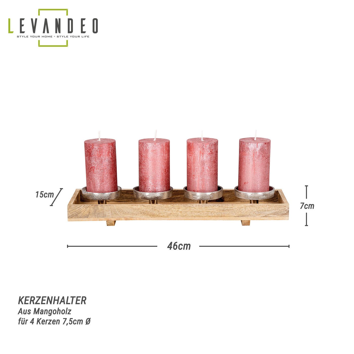 Levandeo® Adventskranz, Adventskranz Holz Lang L46cm Mango Weihnachtsdeko Kerzen Tablett