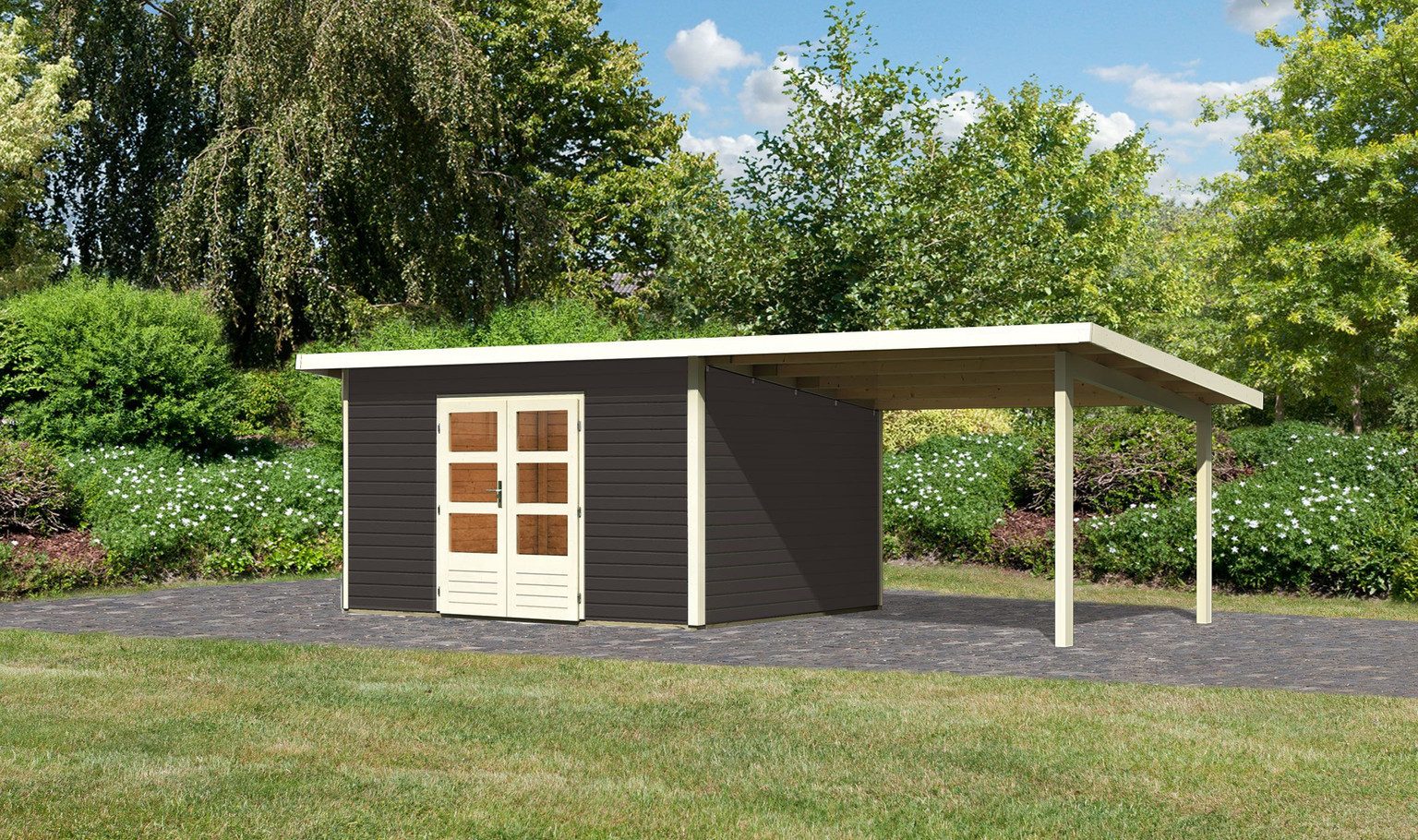 Karibu Gartenhaus Karibu Gartenhaus Northeim, 38 mm, 724 x 332 cm, Typ 4, terragrau, inkl. 3,3 m Anbaudach