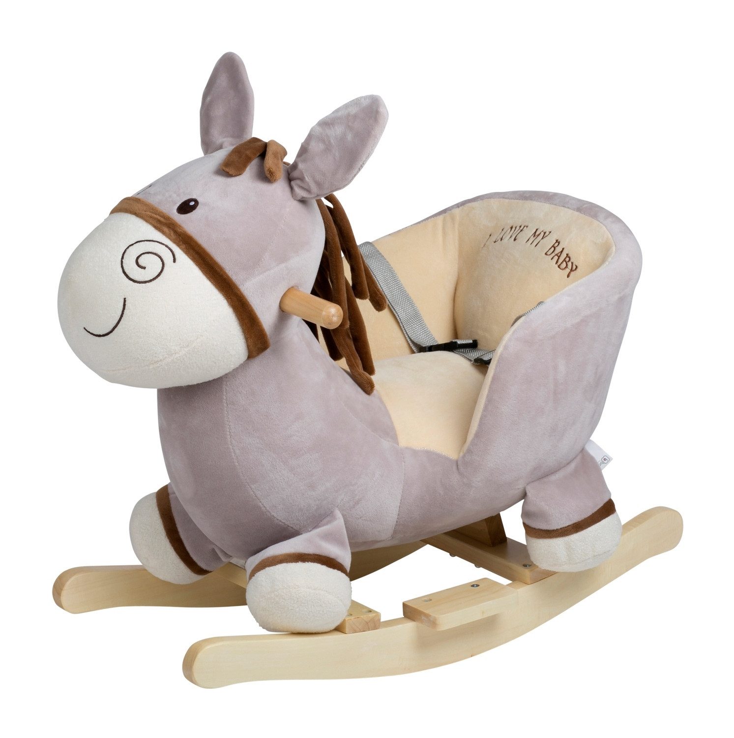 Begabino Schaukeltier ESEL, Grau, Beige, Kufen und Griffe aus Holz, Soundmodul mit Tierstimme, mit Sicherheitsgurt