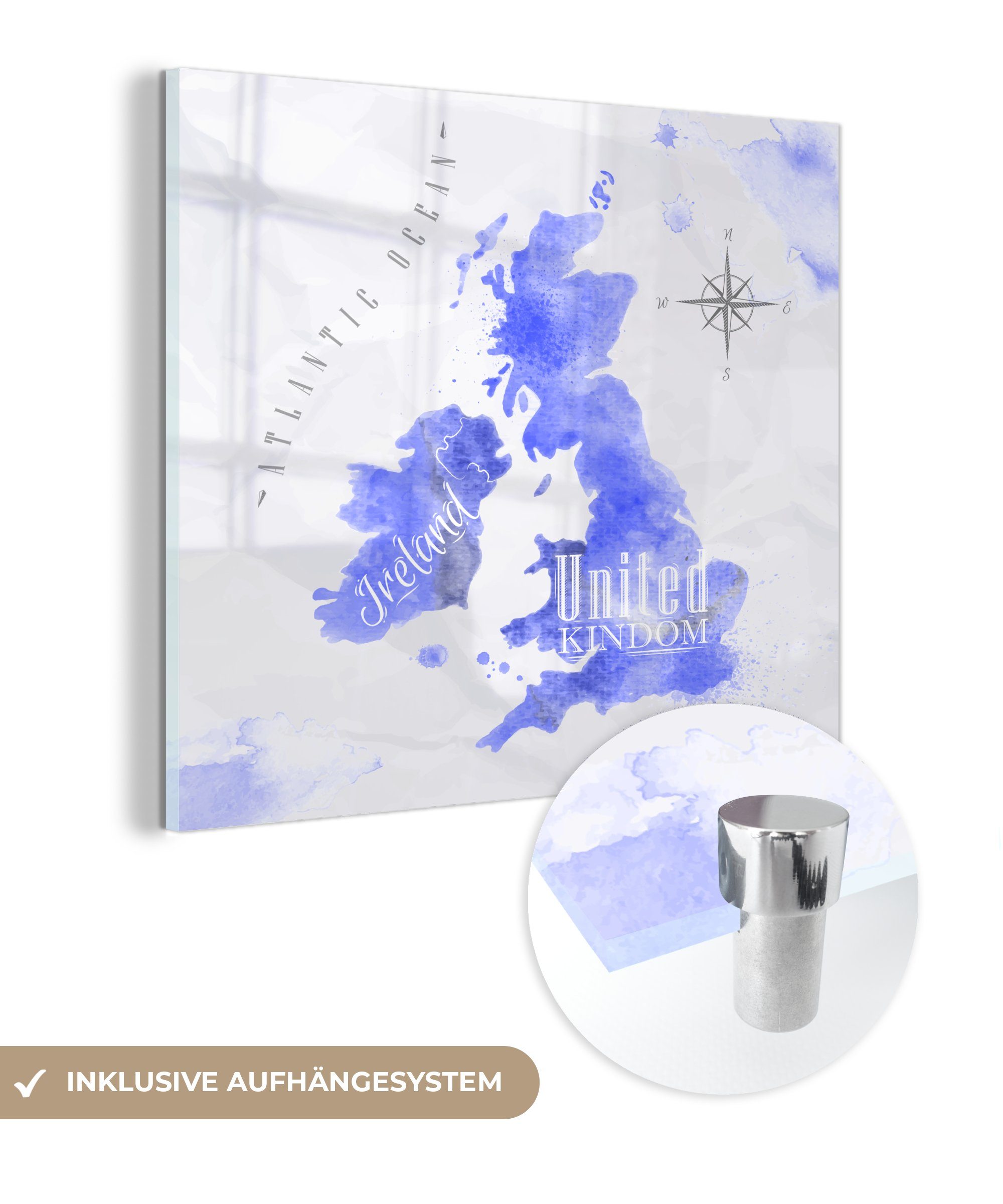 (1 St), - Wandbild Glasbilder - England Glas auf Karte, Acrylglasbild Foto Glas Aquarell MuchoWow Bilder - Wanddekoration - - auf
