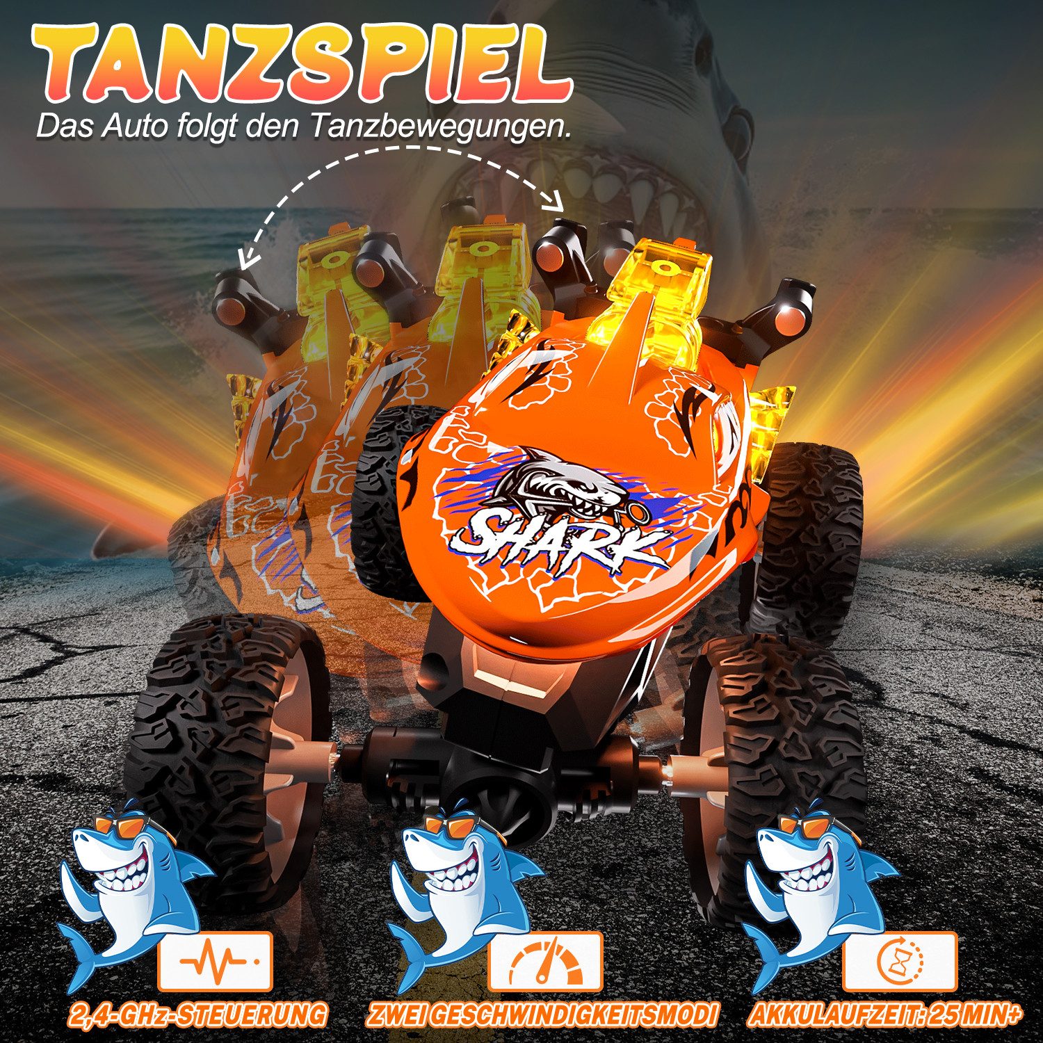 Esun RC-Auto Mini Monstertruck Ferngesteuert, Hai Monster Truck mit Metallgehäuse (Set, Komplettset), 1/64 Ferngesteuertes Auto ab 3 4 5 6 7 8 Jahre